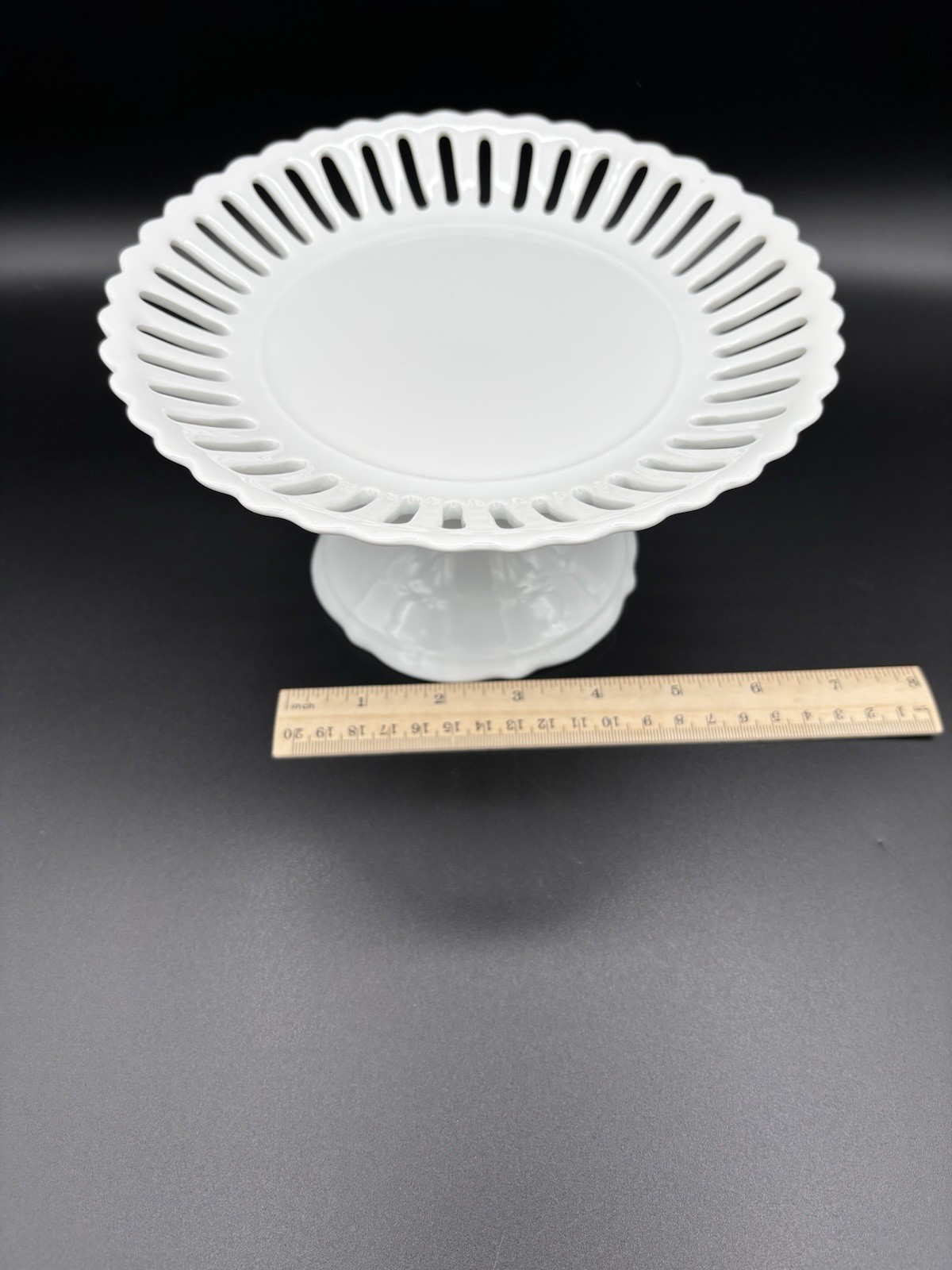 Two’s Company White Ceramic 7.75 x4.5” Cake Pie Dessert Stand Perforated Banding