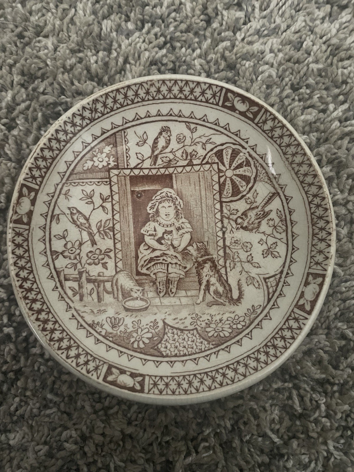 Atq England C.A. & Sons Brown Transferware Bowl Little Mae w/ Dog Set Of 2