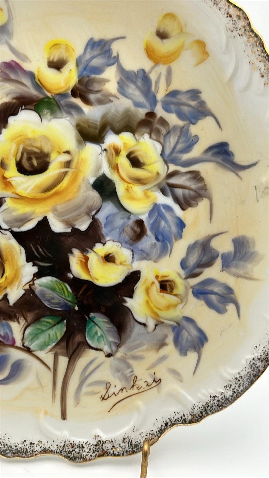 Lot of 2 VTG Brown & Yellow Roses painted & transfer Plates Curated Wall Décor