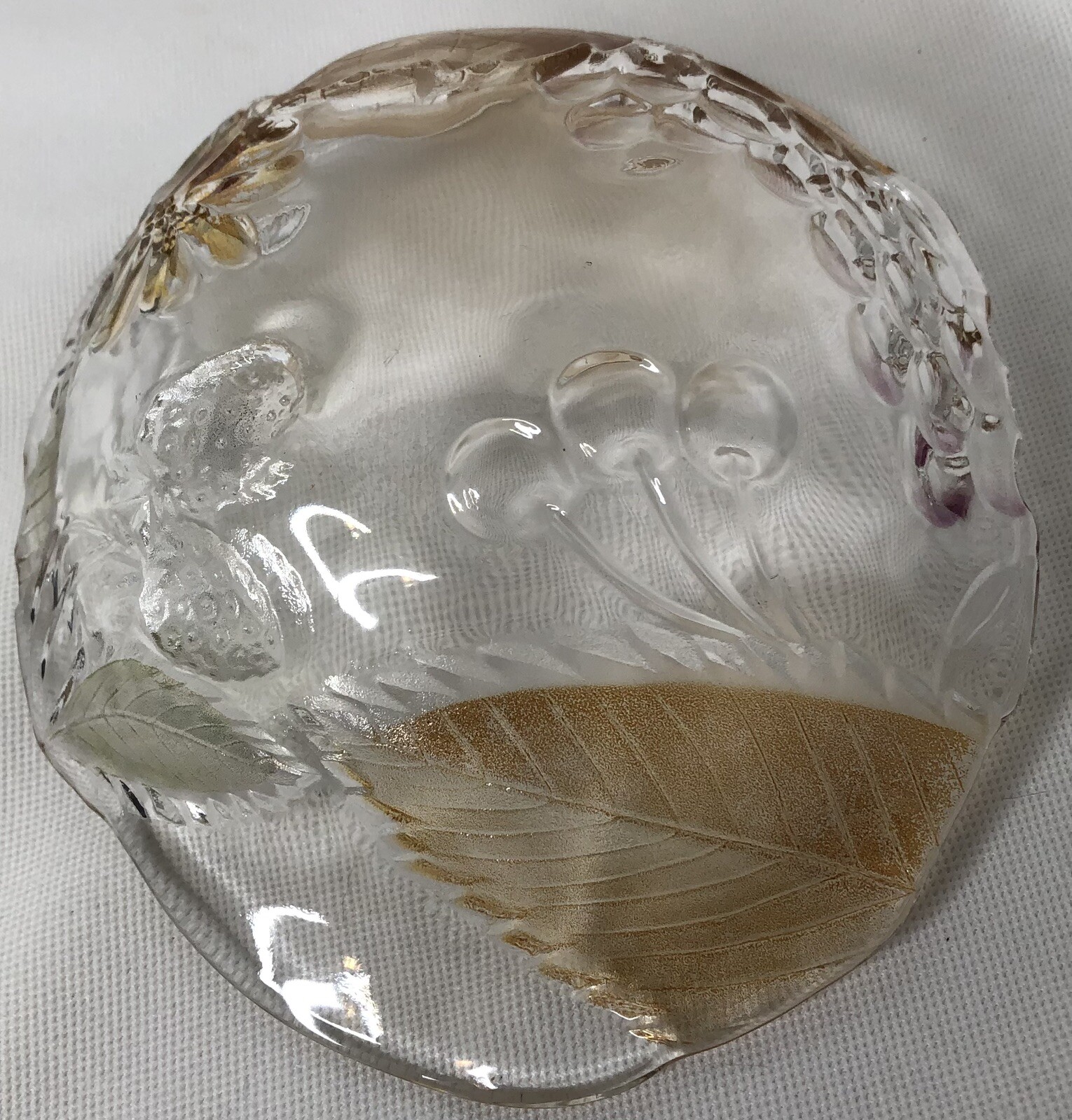 Beautiful Small Glass Candy Trinket Dish with Fruit and Leaves