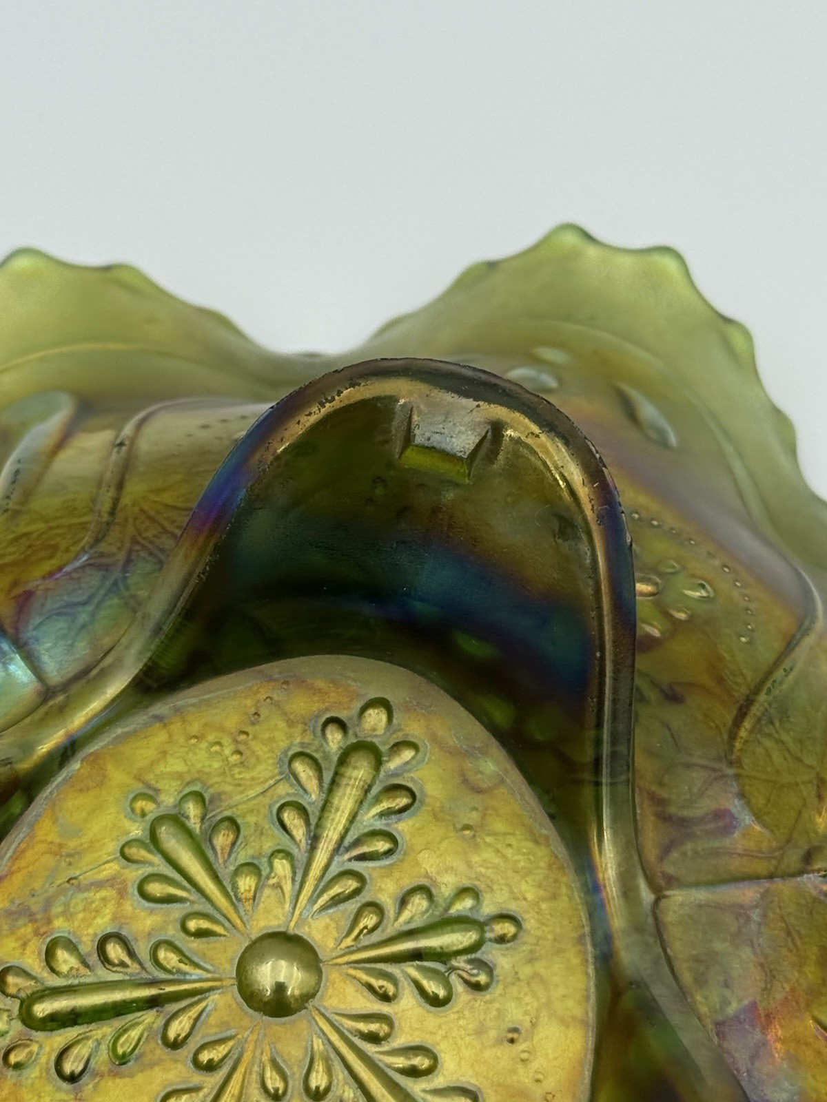 Northwood Green Grape And Cable Spt. Ftd. Carnival Glass Bowl