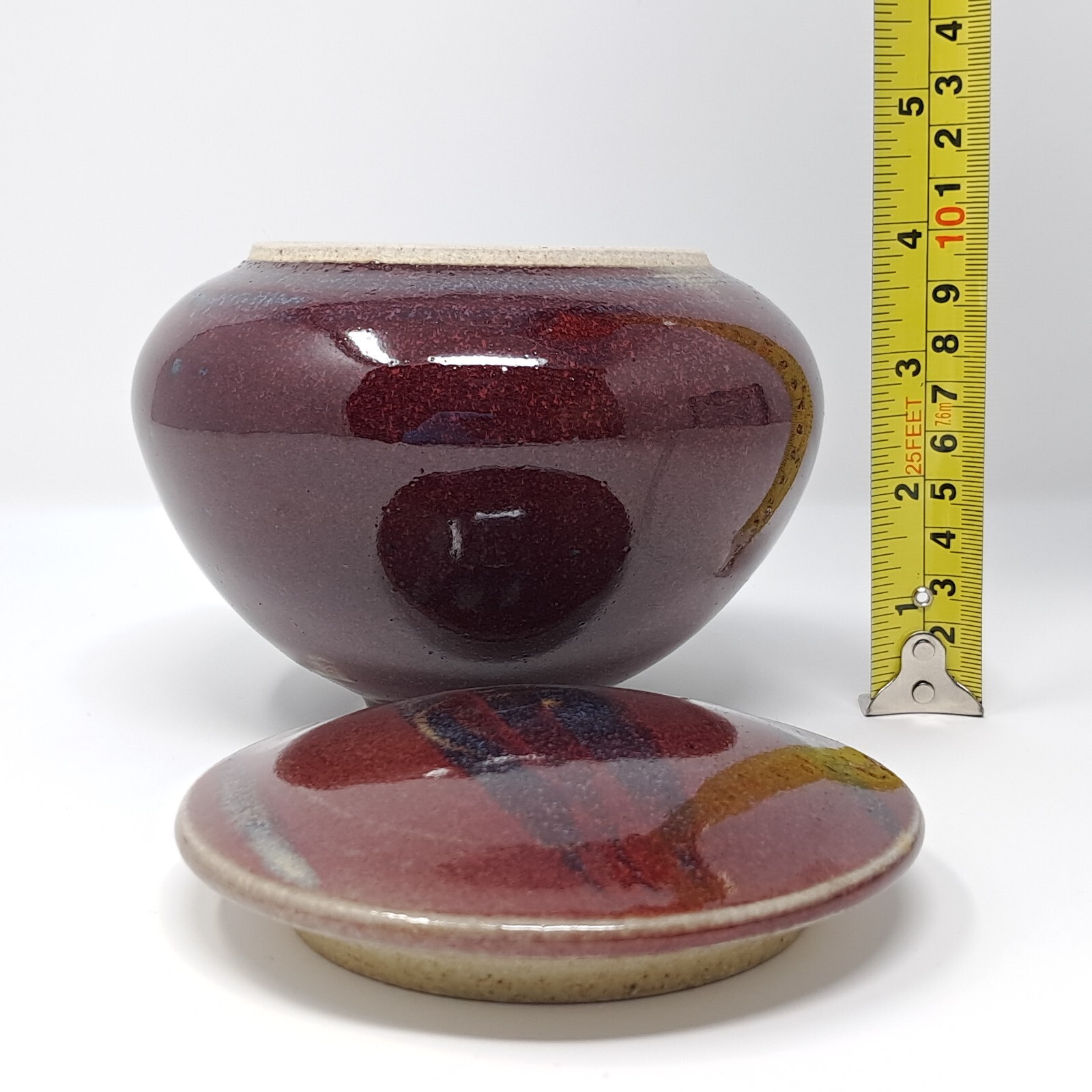 Stoneware Pottery Jar w/ Lid onion shape Deep Red w/ Blue signed