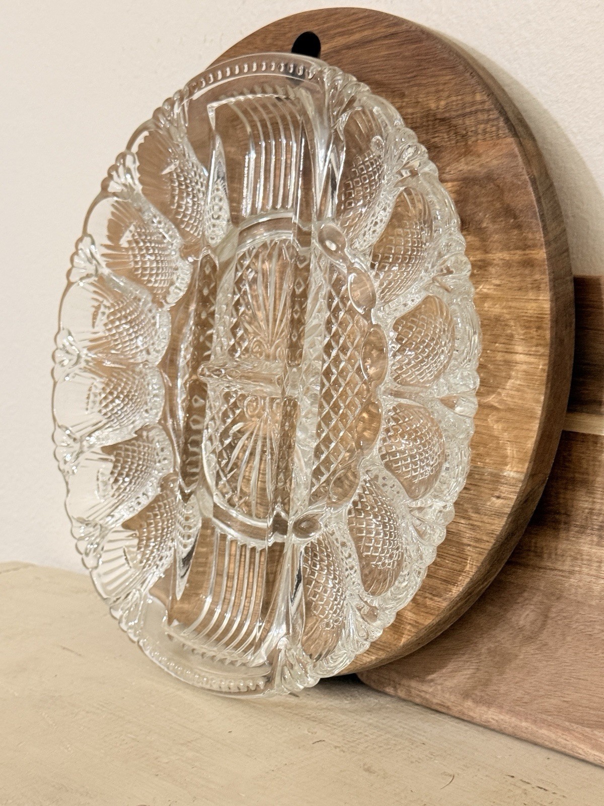 Vintage L.E. Smith Deviled Egg Plate Platter Relish Tray Glass Diamond Design.