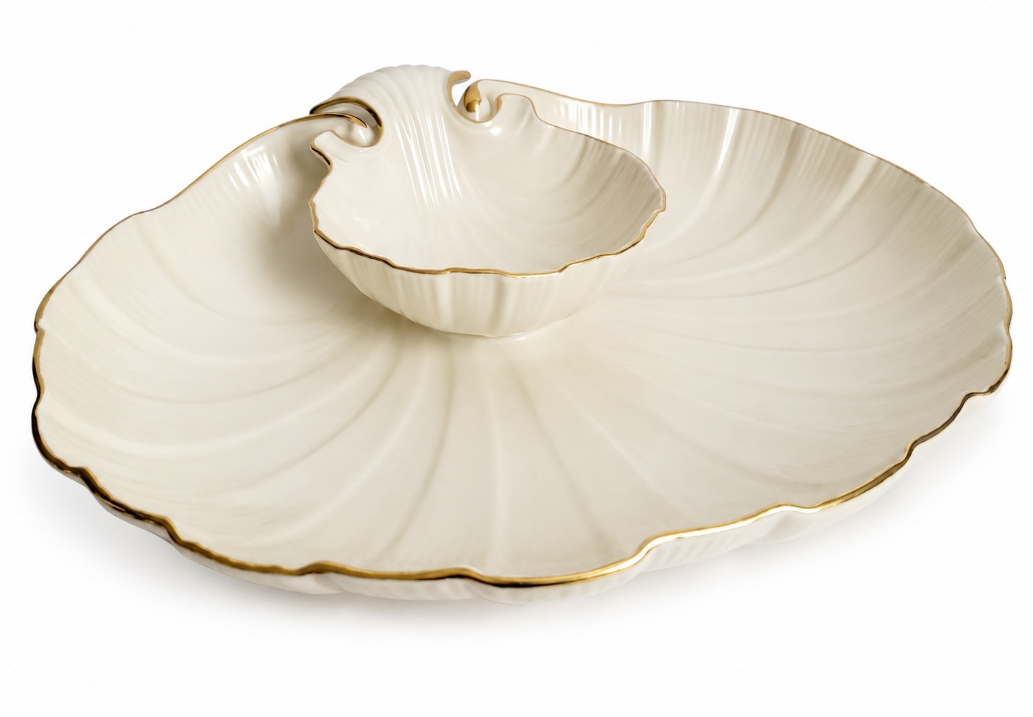 Vintage Lenox Aegean Double Shell Chip Dip Shrimp Serving Dish 24K Gold USA 12″