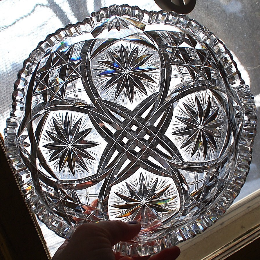 EARLY Antique ABP American Brilliant Period STAR/Xs Hand Cut CRYSTAL BOWL Heavy
