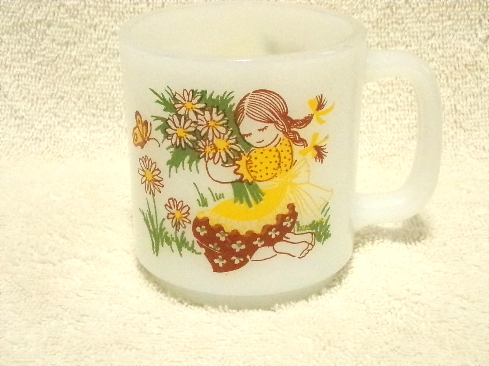 Vintage Glasbake Girl with Pigtails & Flowers Mug Cup “Life is a Mystery” Exc