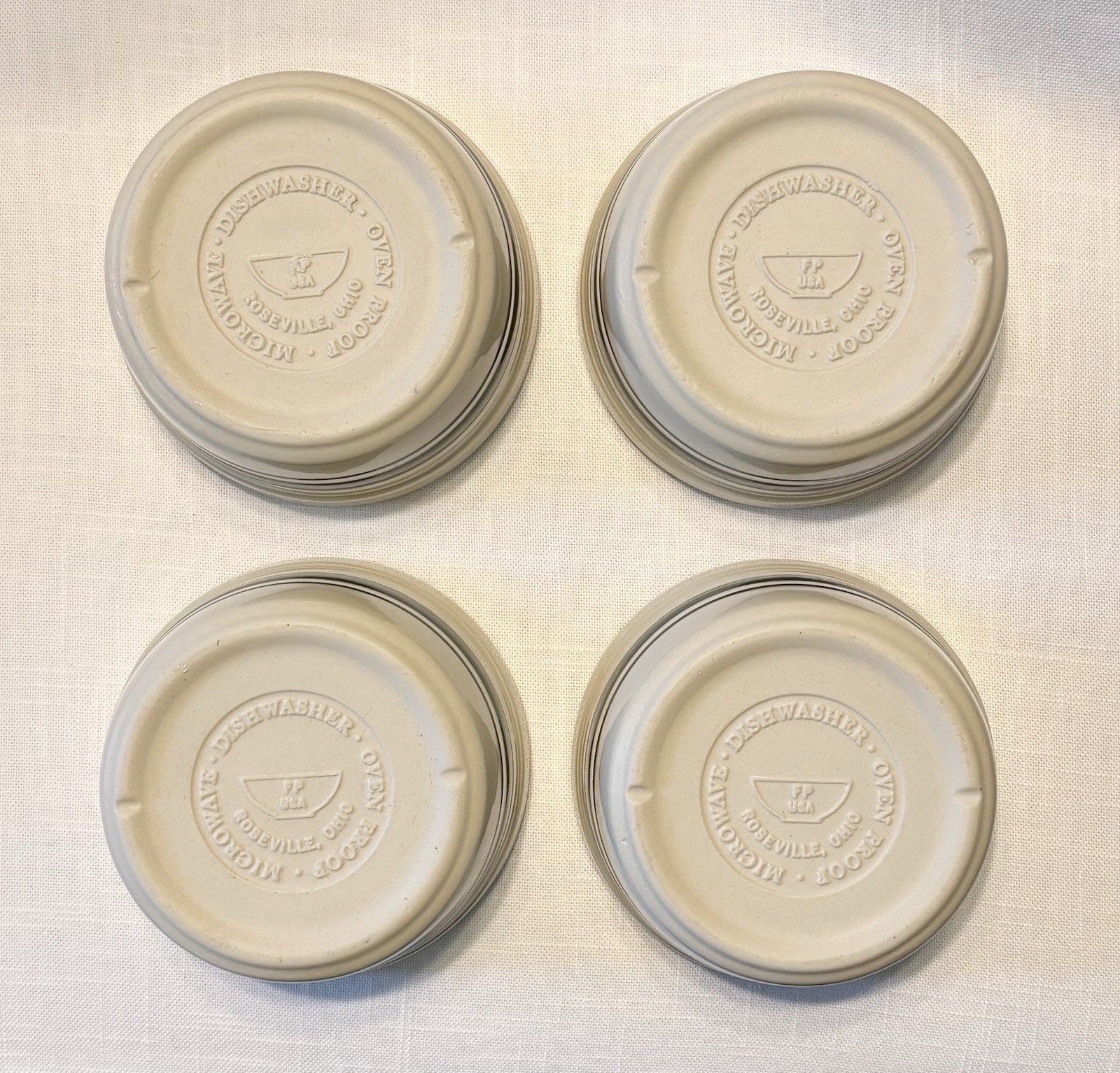 ROSEVILLE Friendship Pottery Green Stripe Flat Bottom 5” Cereal Bowls~ Set of 4!