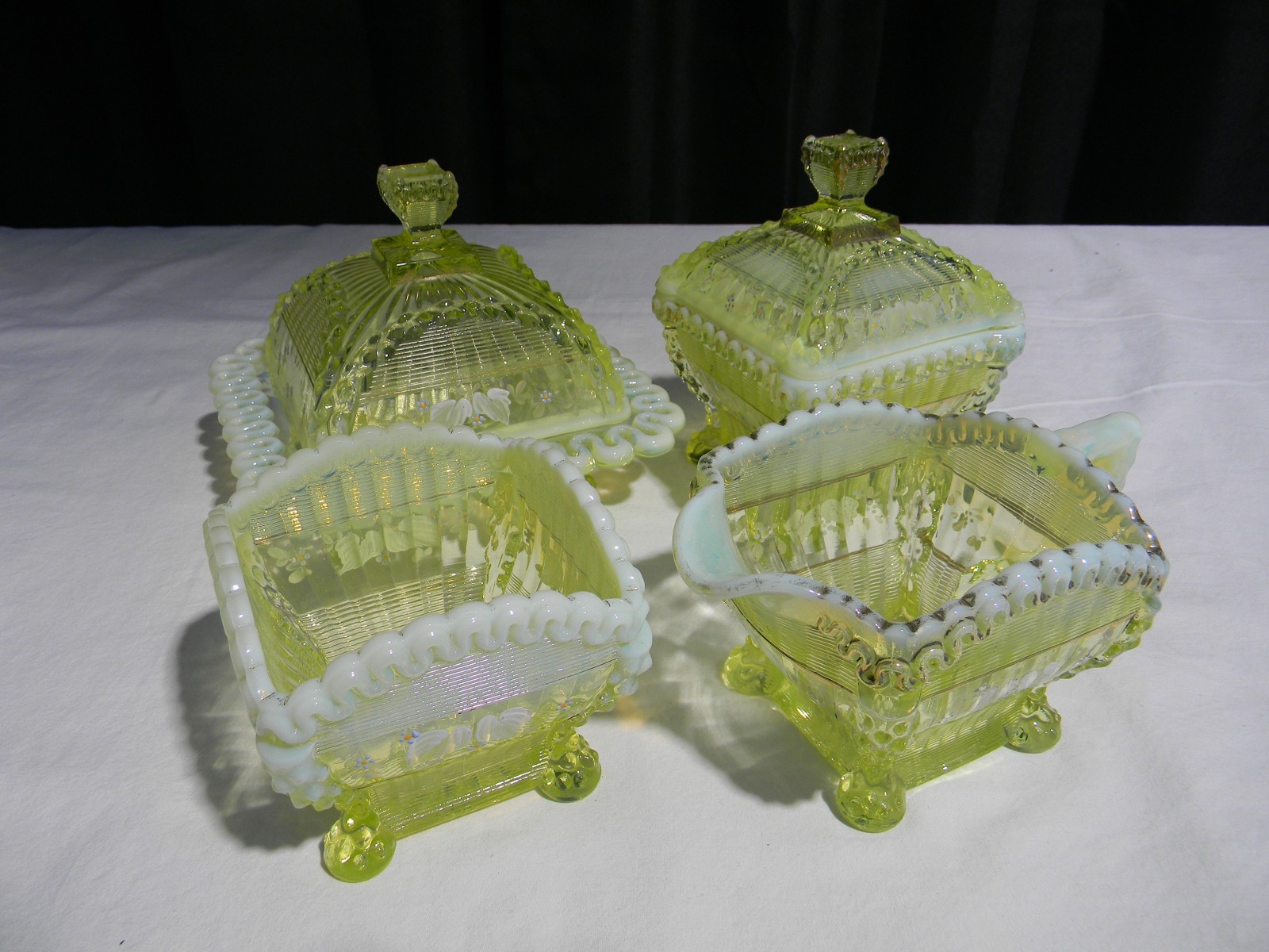~URANIUM GLASS NORTHWOOD CANARY VASELINE OPALESCENT ALASKA COMPLETE TABLE SET~