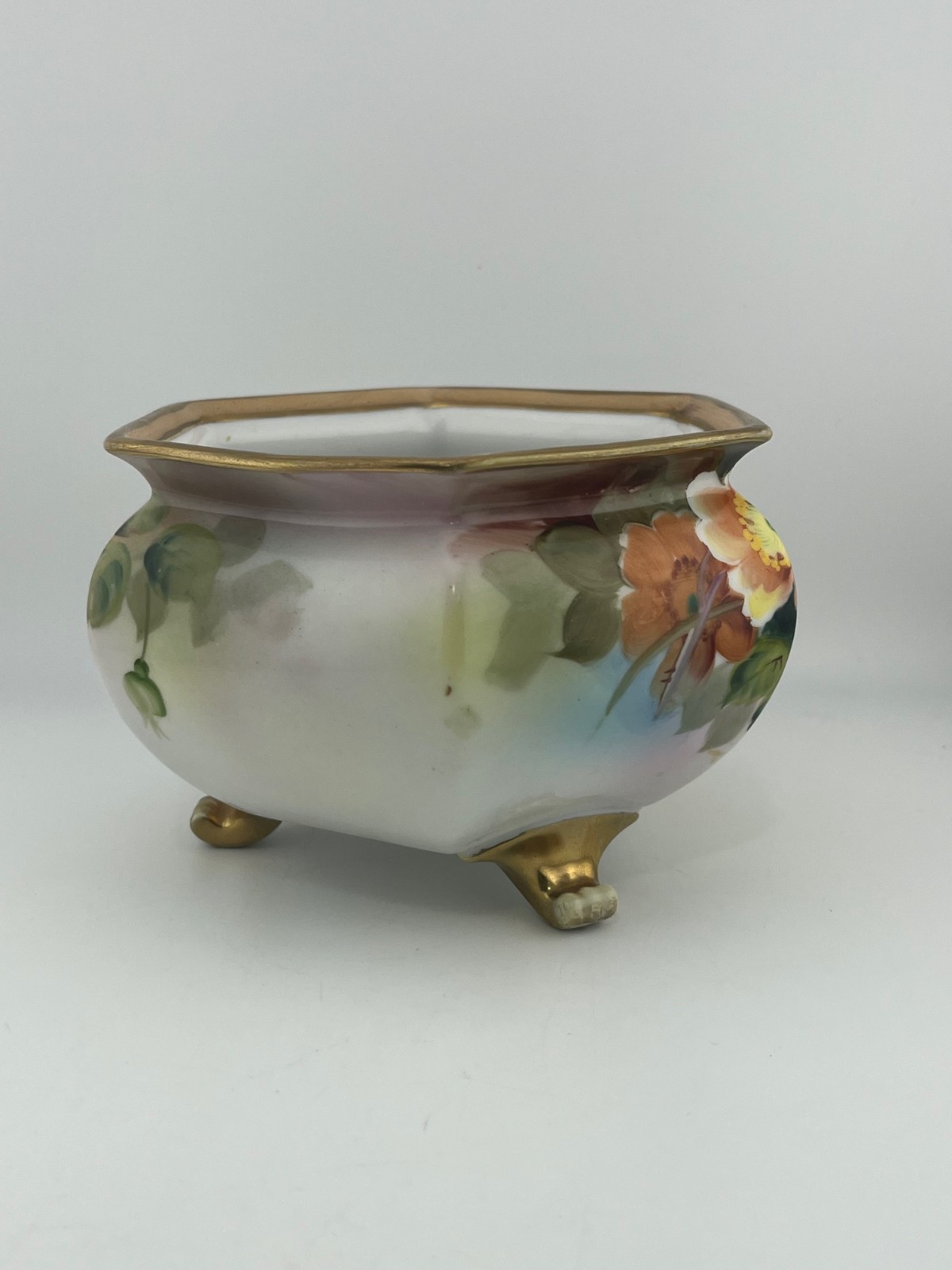 Antique Nippon Hand Painted Footed Bowl Floral Gold Trim Hexagon Pre-1921