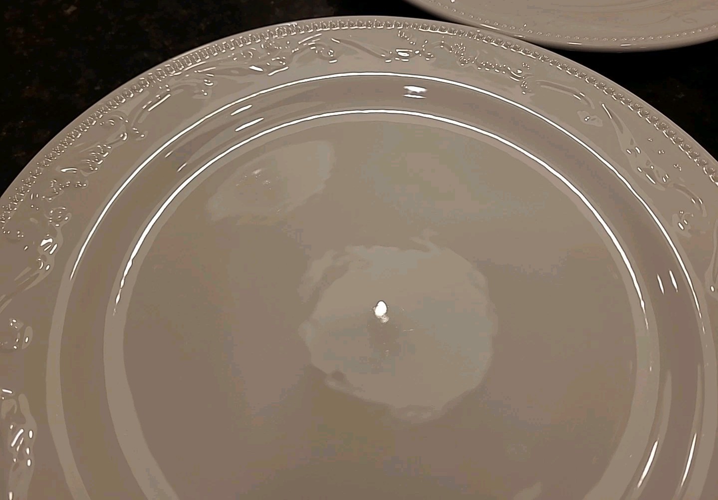 SET (3) Mesa International 11 7/8″ Dinner Plates. White Embossed Dots & Scrolls
