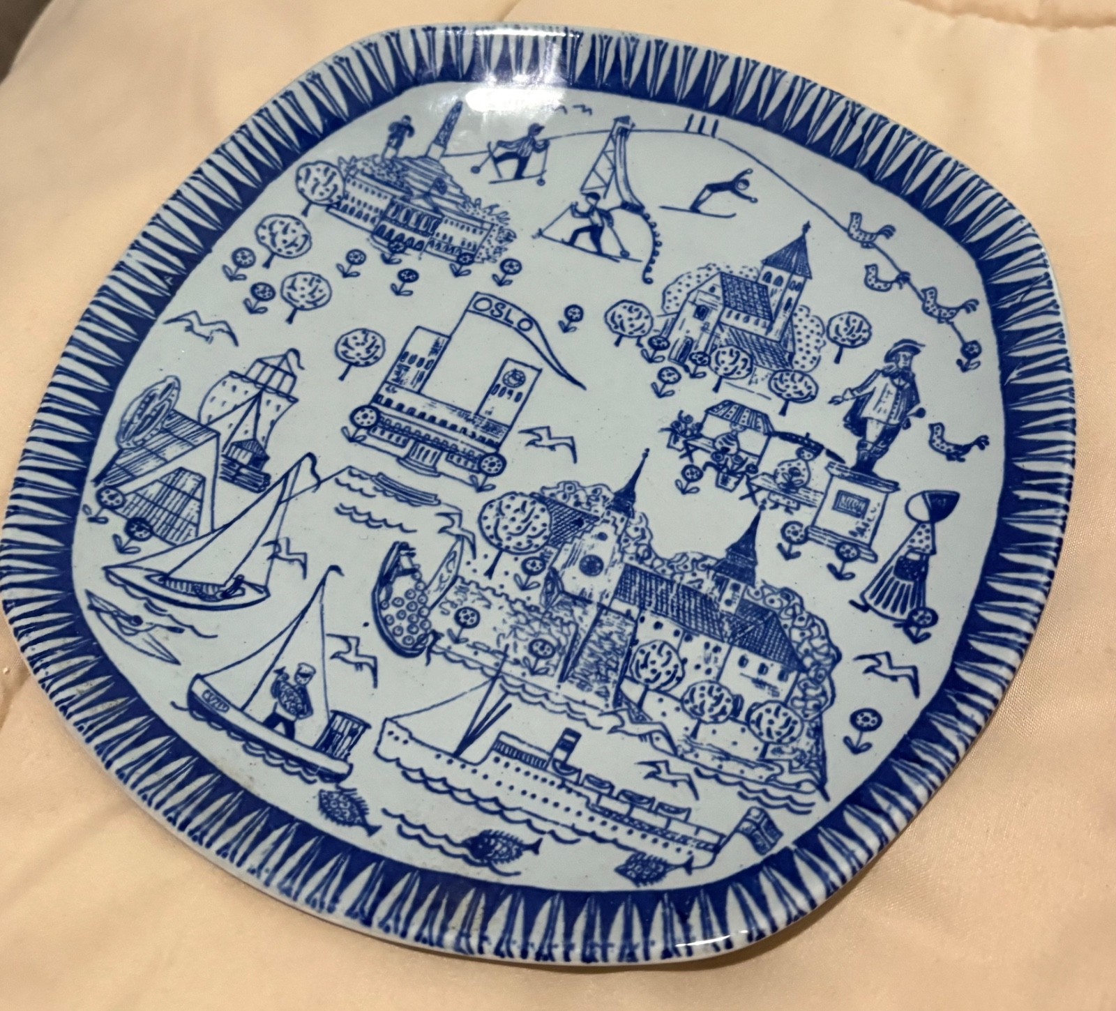 MCM Kari Stavangerflint Plate Oslo Norwegian Pottery Scandinavian Signed Blue 8”