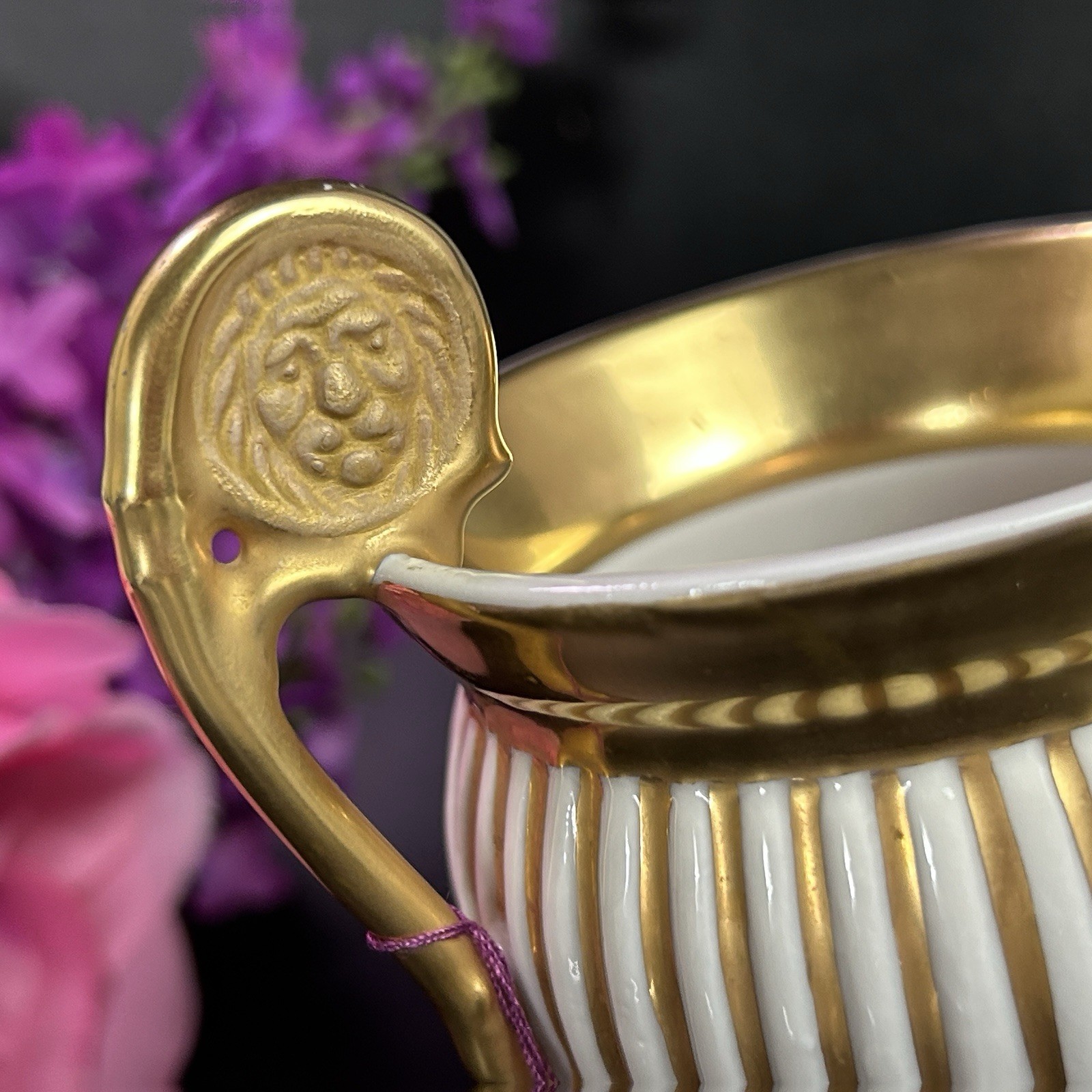 Antique Royal Porzellan Manufaktur RPM Lion Handle Cup Gold Stripes 4 3/8”