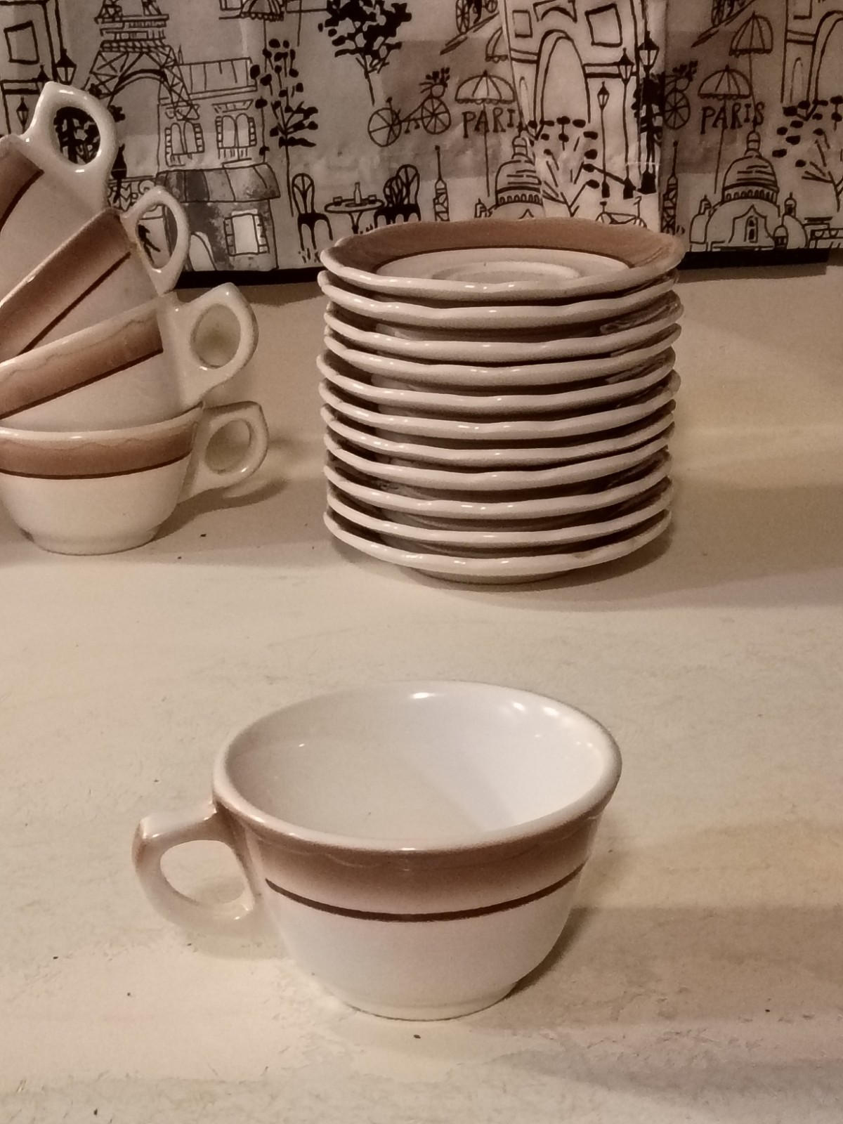 Ceramic Brown and White Twelve-Piece Cup & Saucer Set, Glossy Finish
