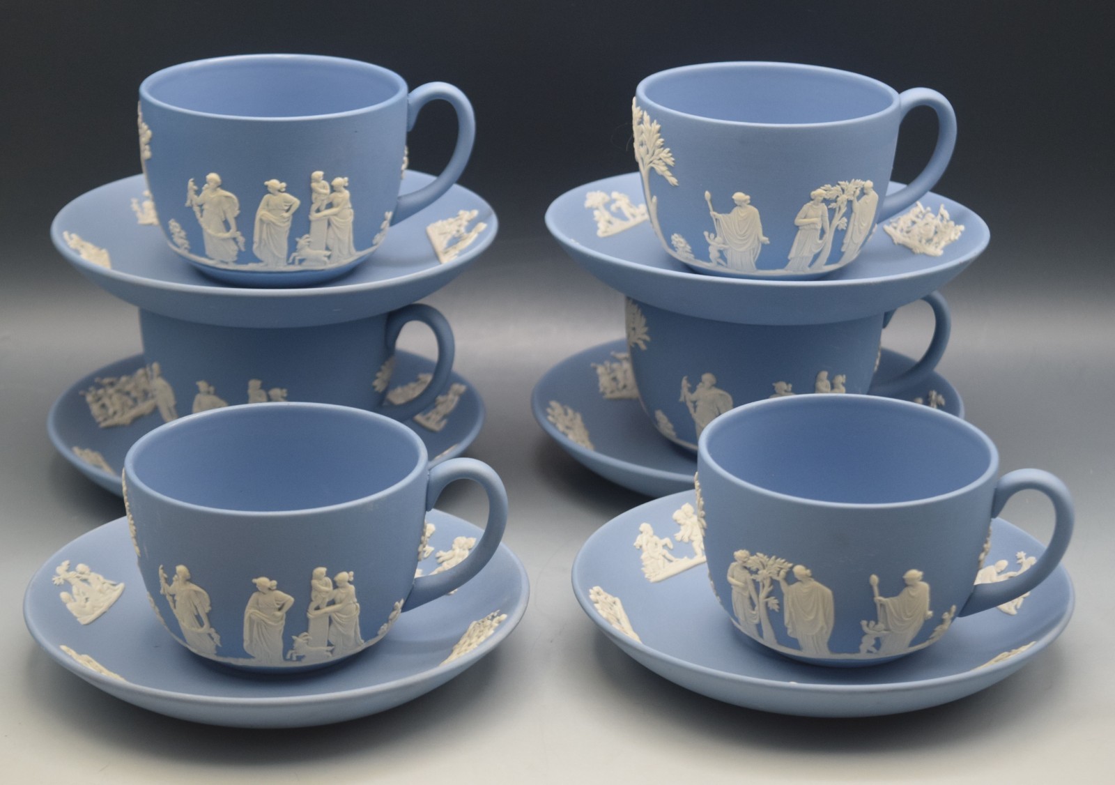 6 SETS WEDGWOOD BLUE JASPERWARE CUPS AND SAUCERS NEOCLASSICAL MYTHOLOGY