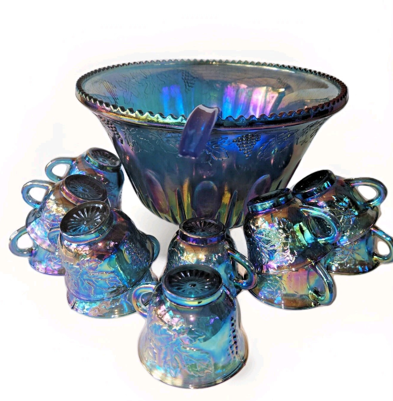 Vintage Indiana Glass Grape Harvest Punch Bowl Set Princess Blue Iridescent 14pc