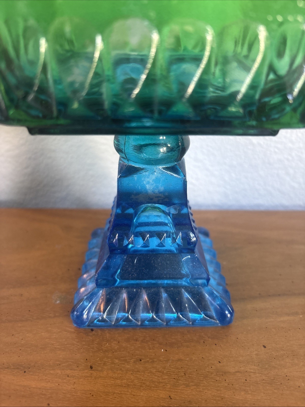 Vintage Jeannette Green to Blue Flashed Glass Compote Candy Dish