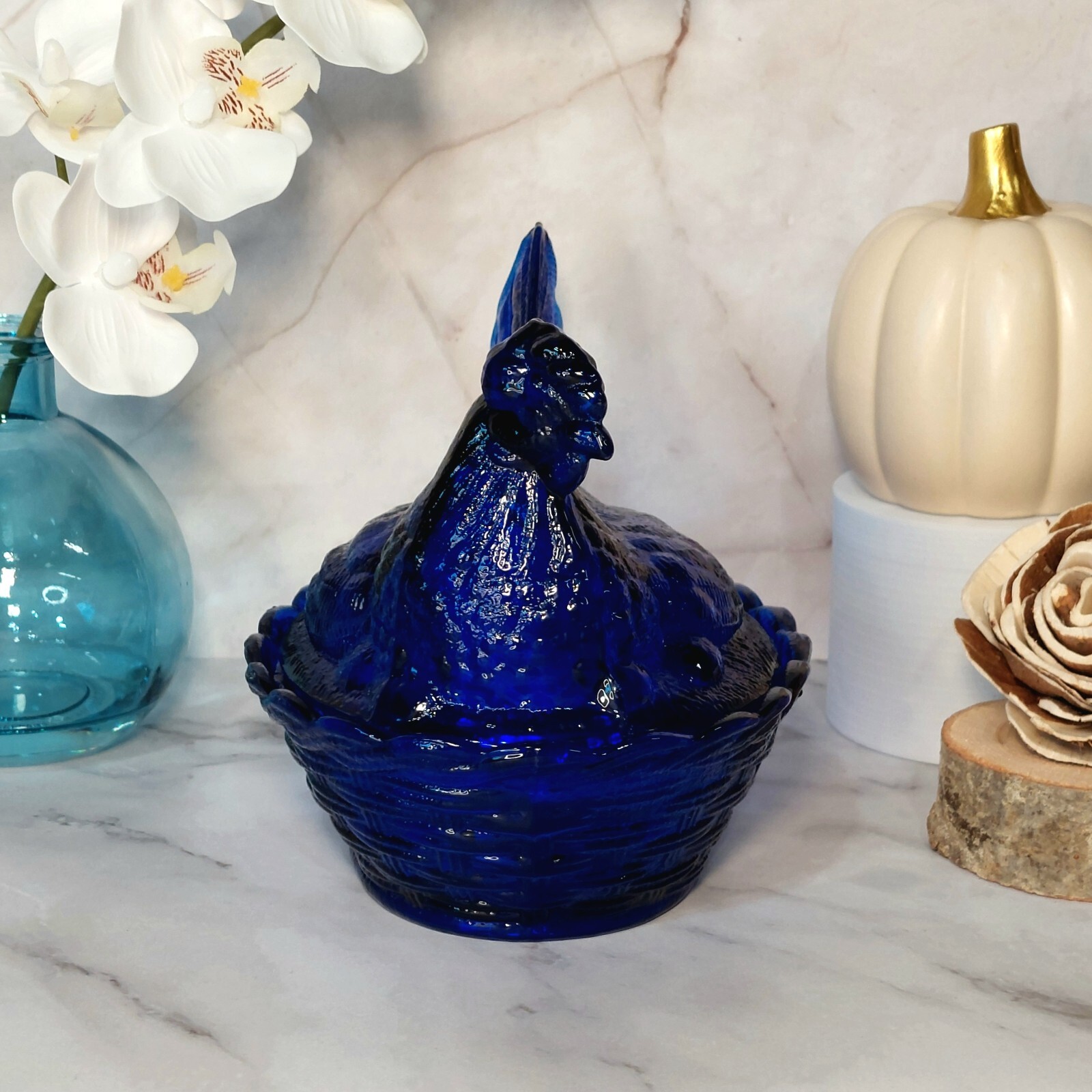 Hen on Nest Chicken Cobalt Blue Glass Depression Style Candy Dish, Vintage Style