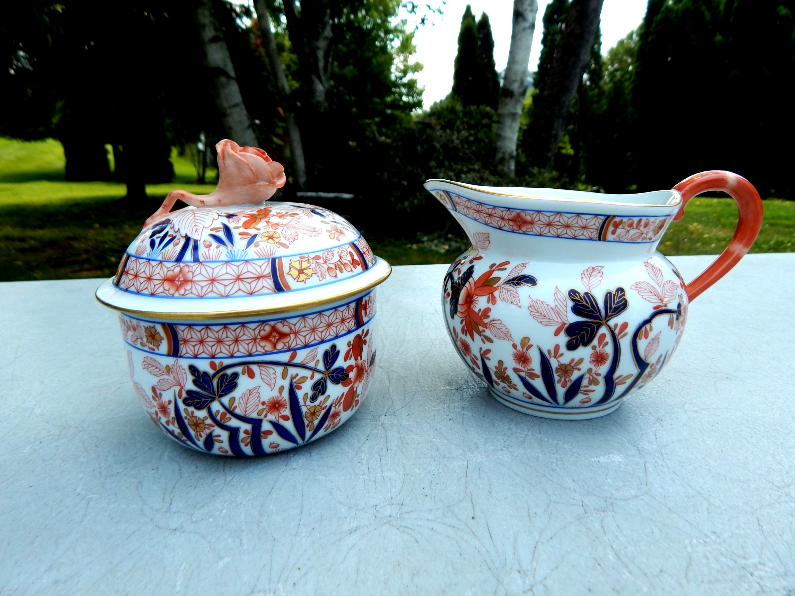 HEREND HUNGARY CANTON PATTERN CREAMER (# 2643) AND LIDDED SUGAR BOWL (# 2663)