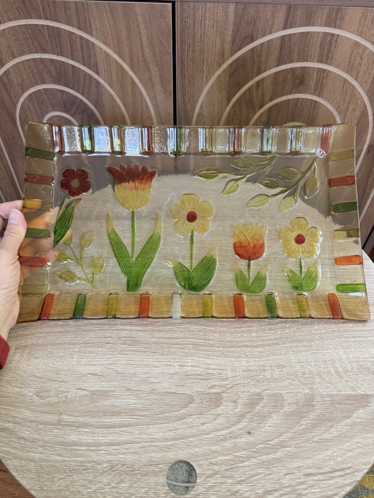 Fused Art Glass Floral Tulip Rectangular Tray – Elegant Hand-Painted (?)