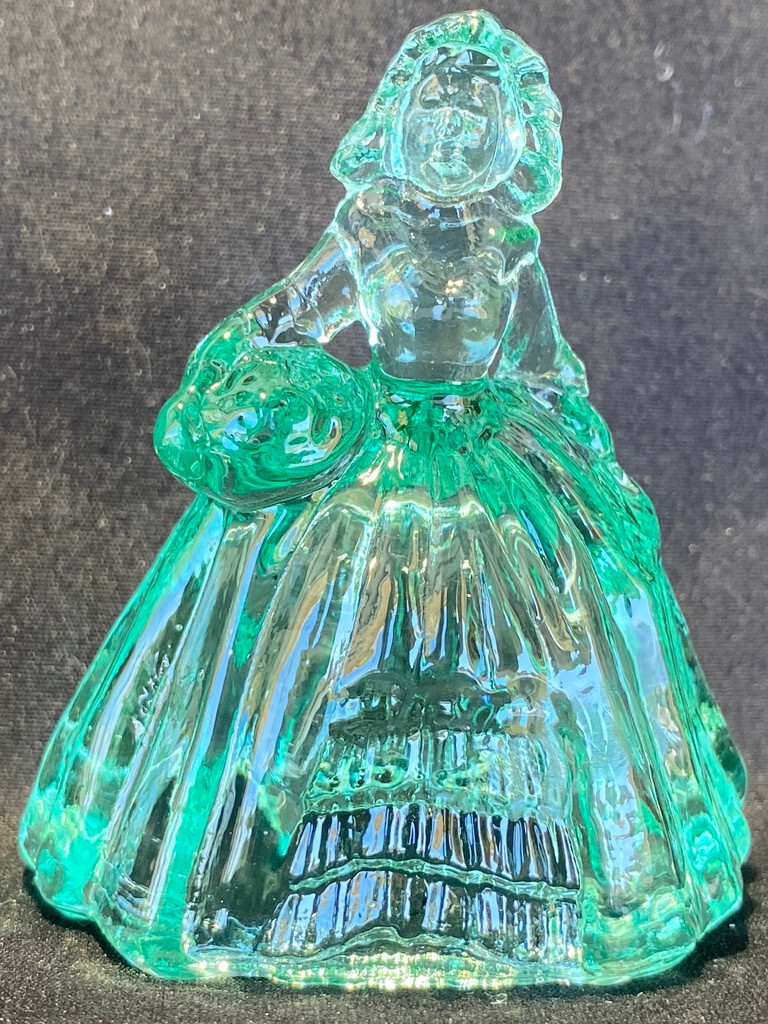 Green Vaseline uranium glass girl doll candy container woman Elizabeth Blue glow