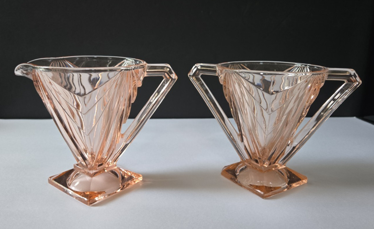 Vtg Indiana Glass Pink Pyramid Creamer and Sugar Bowl Set Art Deco Depression