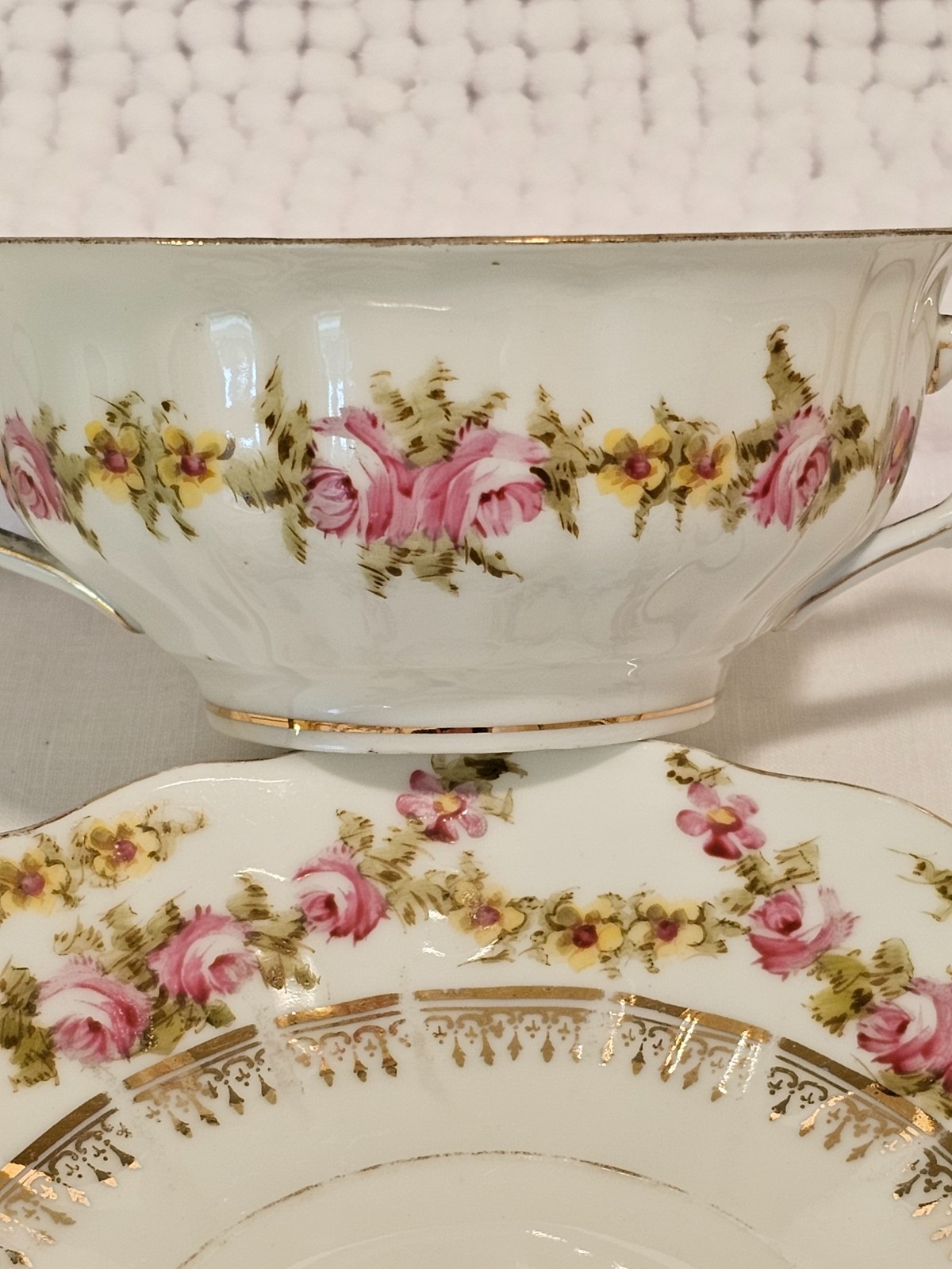 Bouillon cups w/ saucers, set of three, vintage china, Haviland, Vignaud, Saxe