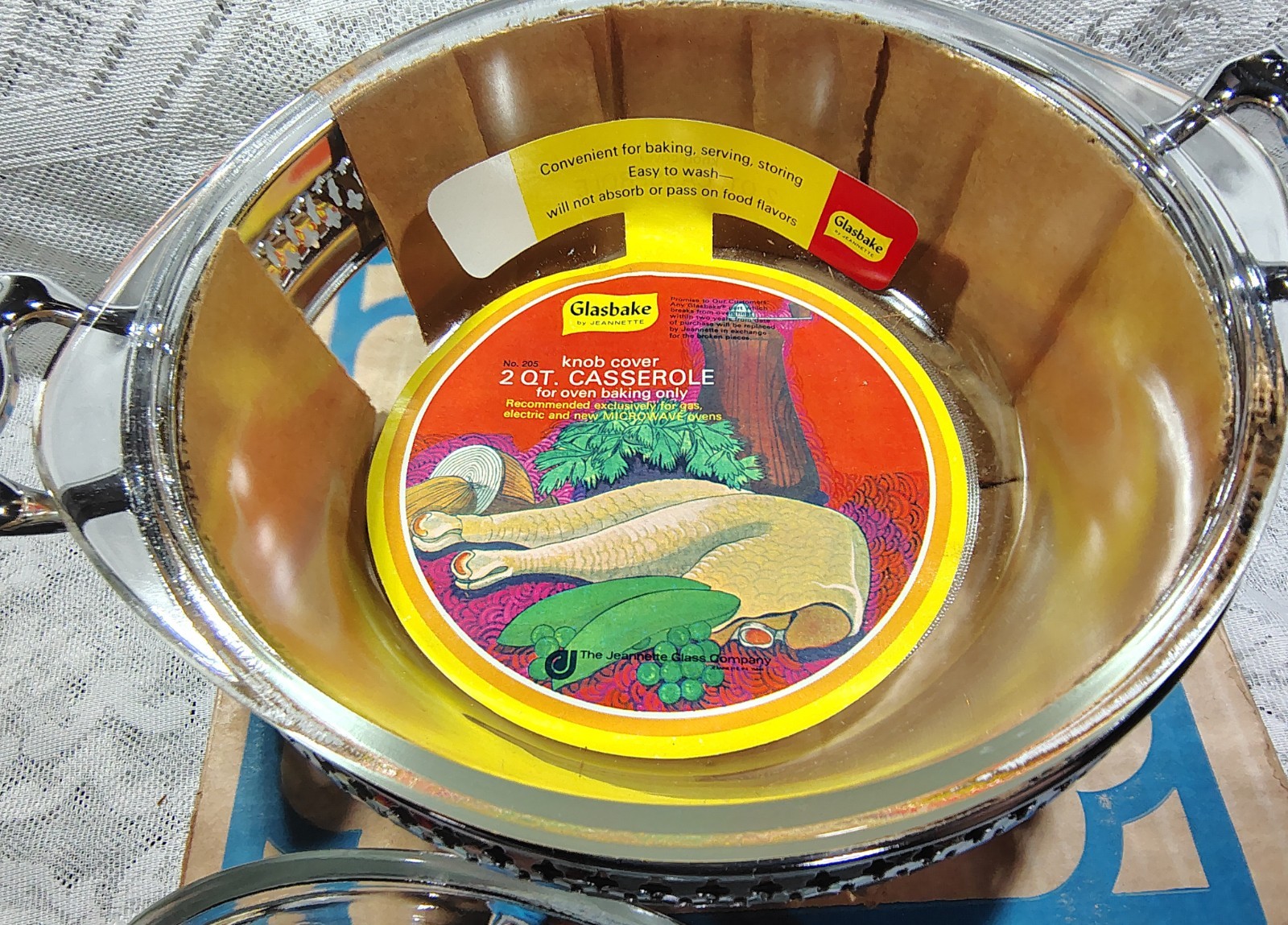 Vintage NOS Glasbake Round Casserole Dish, Silver Plated Holder In Original Box
