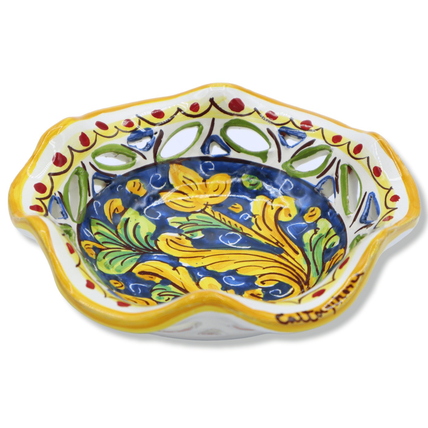 Bowl Scalloped And Perforated IN Ceramic of Caltagirone – L 5 7/8in X H 2in W