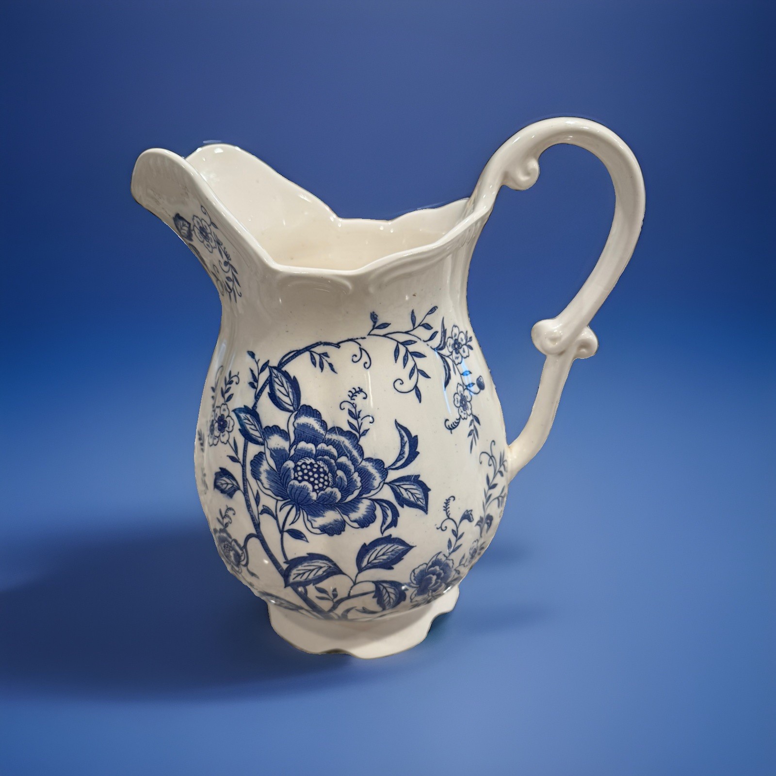 Vintage Norleans Japan Blue and White Floral Ceramic Water Pitcher 10-1/2”