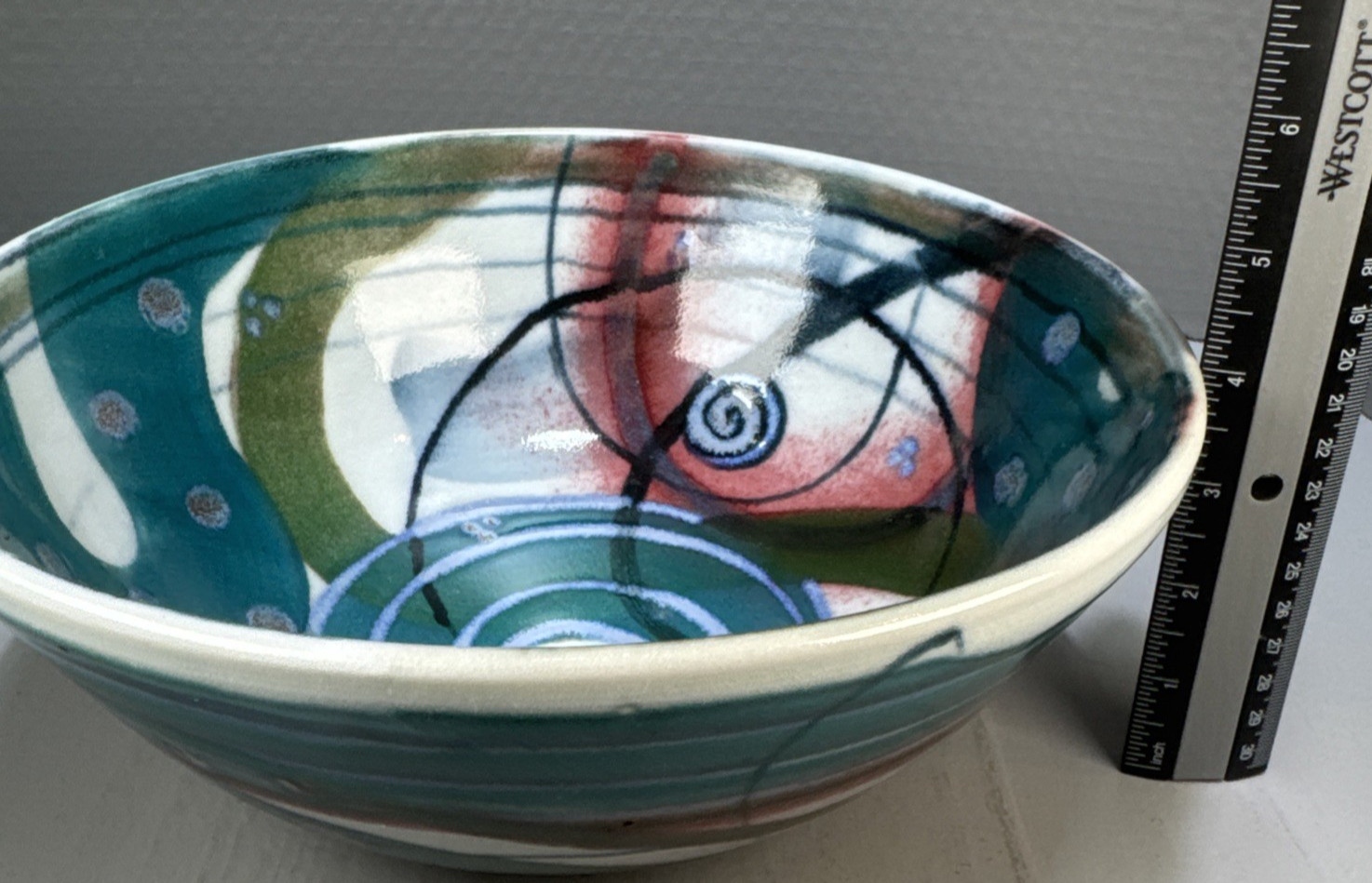 Studio Art Pottery Abstract Design Colorful Blue Green Red Artisan Signed 10″