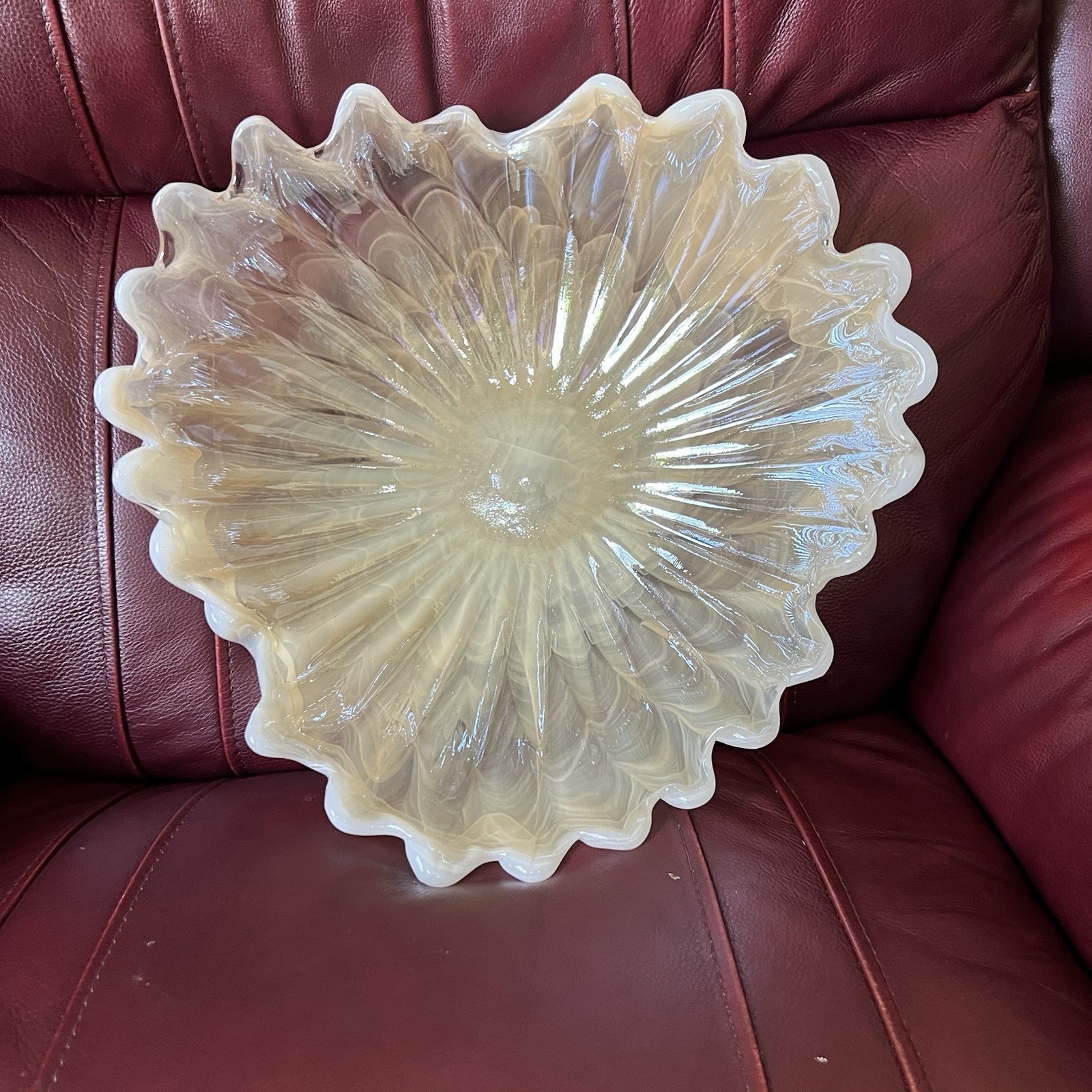Murano Art Glass XL White Cream Freeform 3-Leaf Clover Center Bowl Italy 16″dia