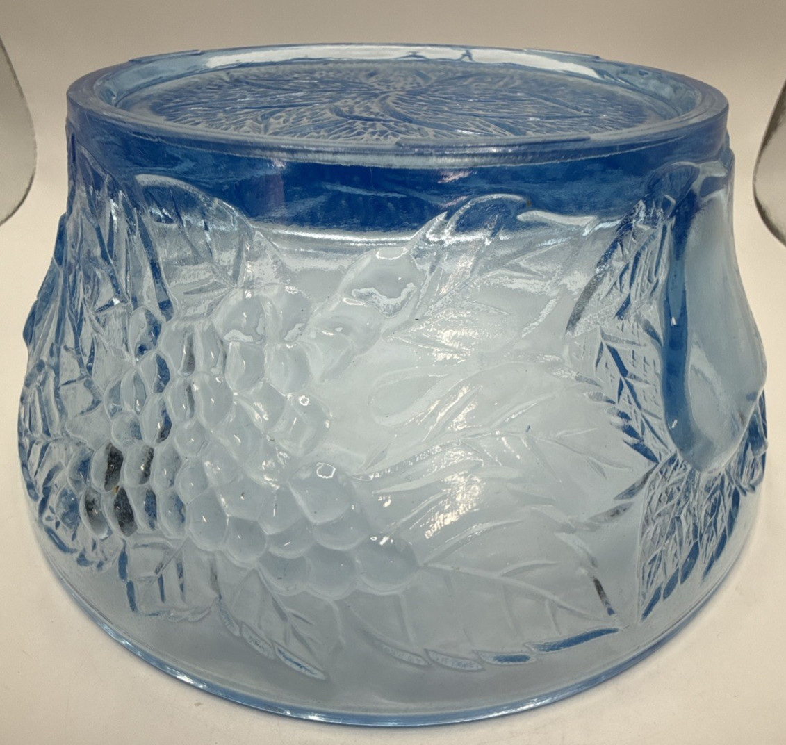 Glass Serving Bowl Ice Blue KIG Indonesia VTG 8.5″ Flower Fruit Apple Pear Grape