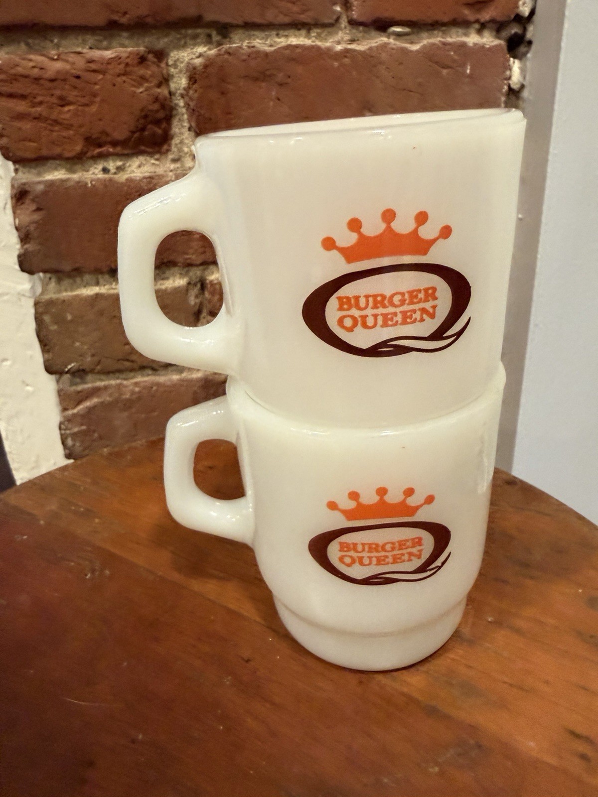 Lot of 2 Vtg Fire King Burger Queen Good Morning Milk Glass Stacking Mugs HTF