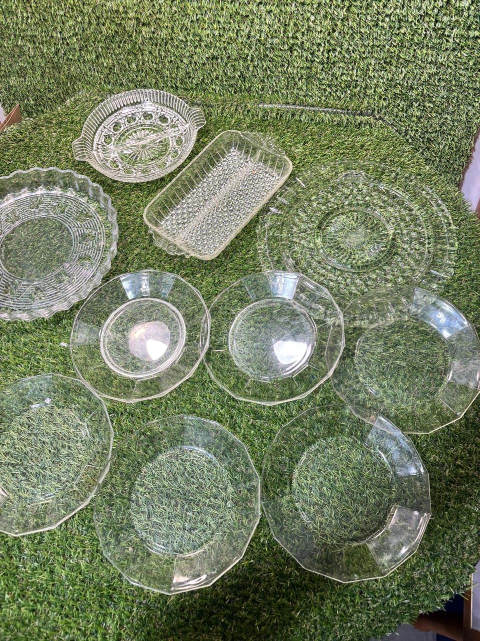 Vintage Clear Glass Serving Lot 10 Pc Plates Relish Tray Pie Plate Bubble USA