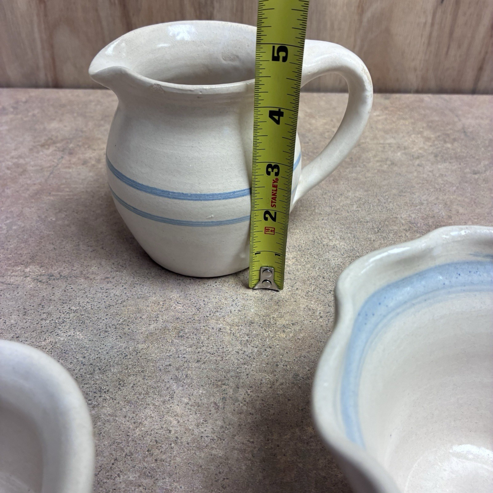 3 Pc Amy Tibbit Studio Art Pottery White Blue Rim Heart & Ripple Bowls & Pitcher