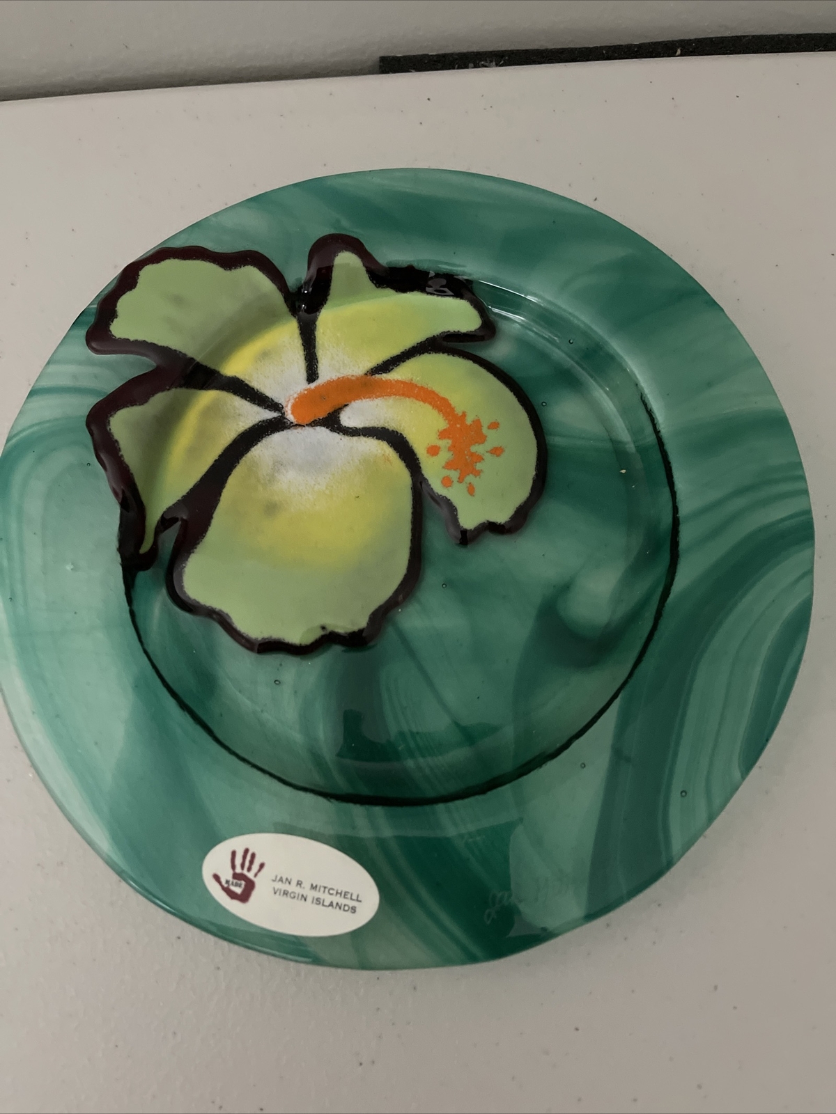 Jan Mitchell Studio Art Glass Signed Fused Hibiscus Plate Blue 5⅜” Diam