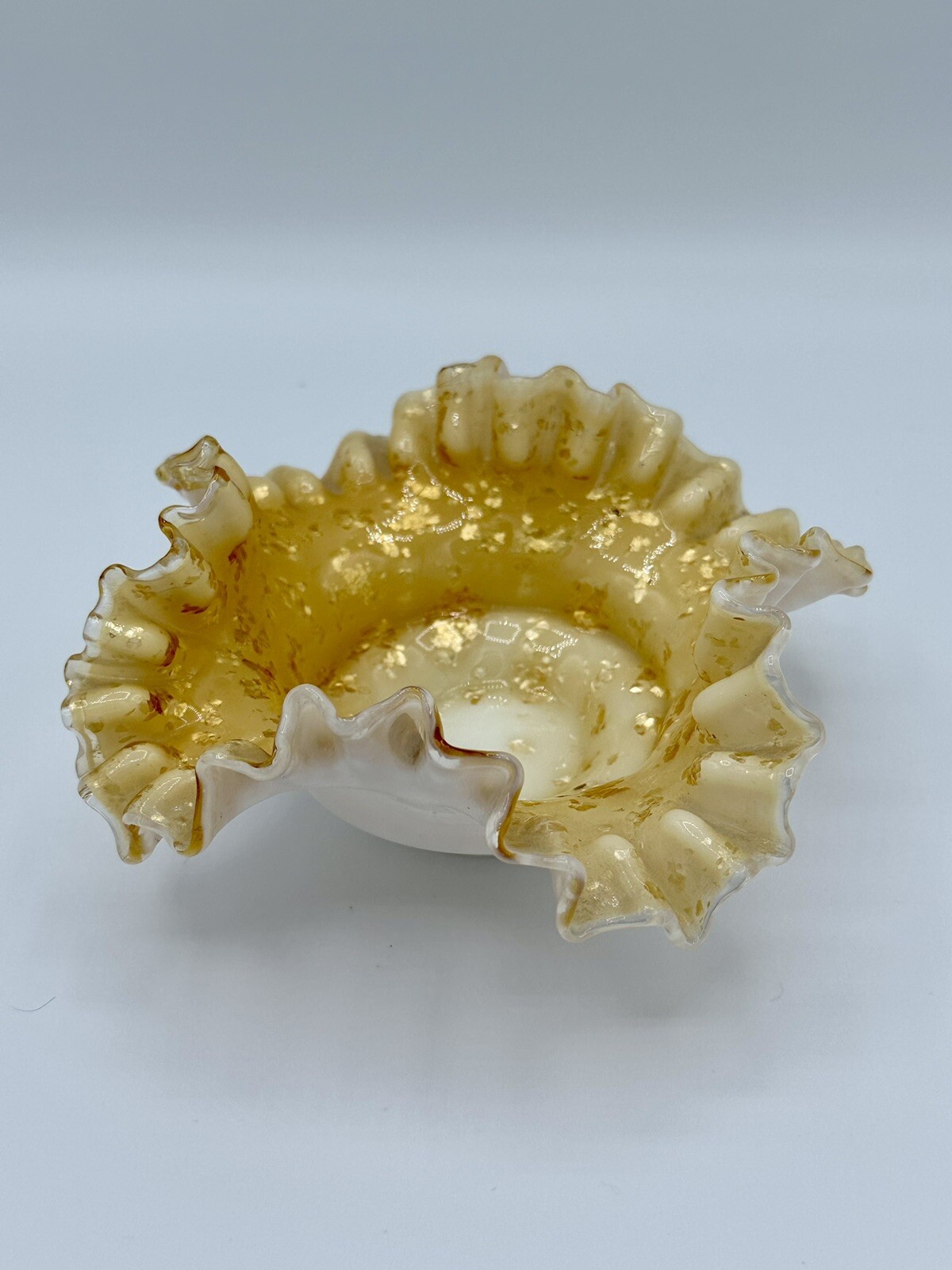 Vintage Ruffled Milk Glass Cased Dish Gold Fleck Opaline Mid Century Vanity Bowl