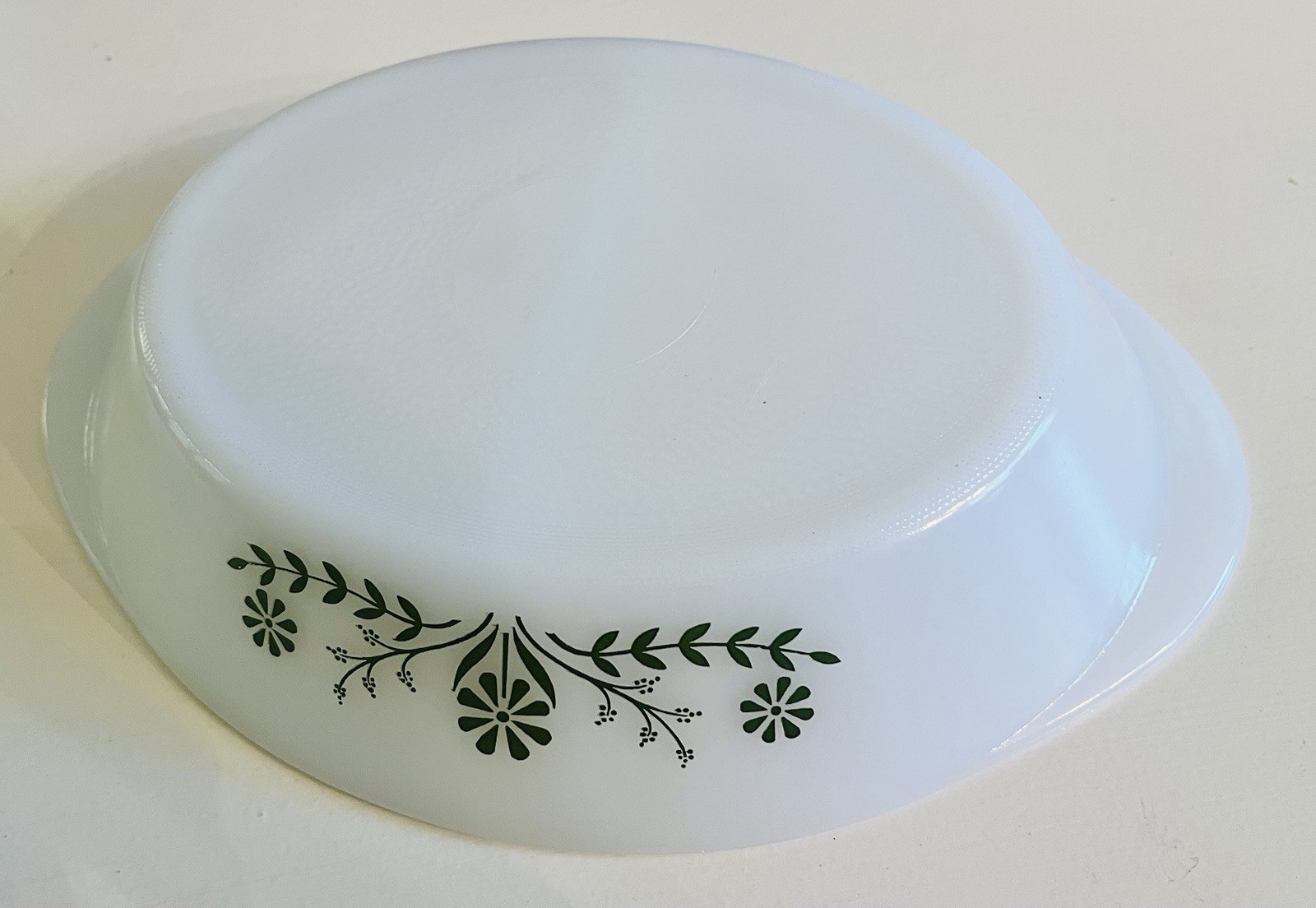 Milk  Glass   Divided  Dish  With   Green  Flower  Decoration