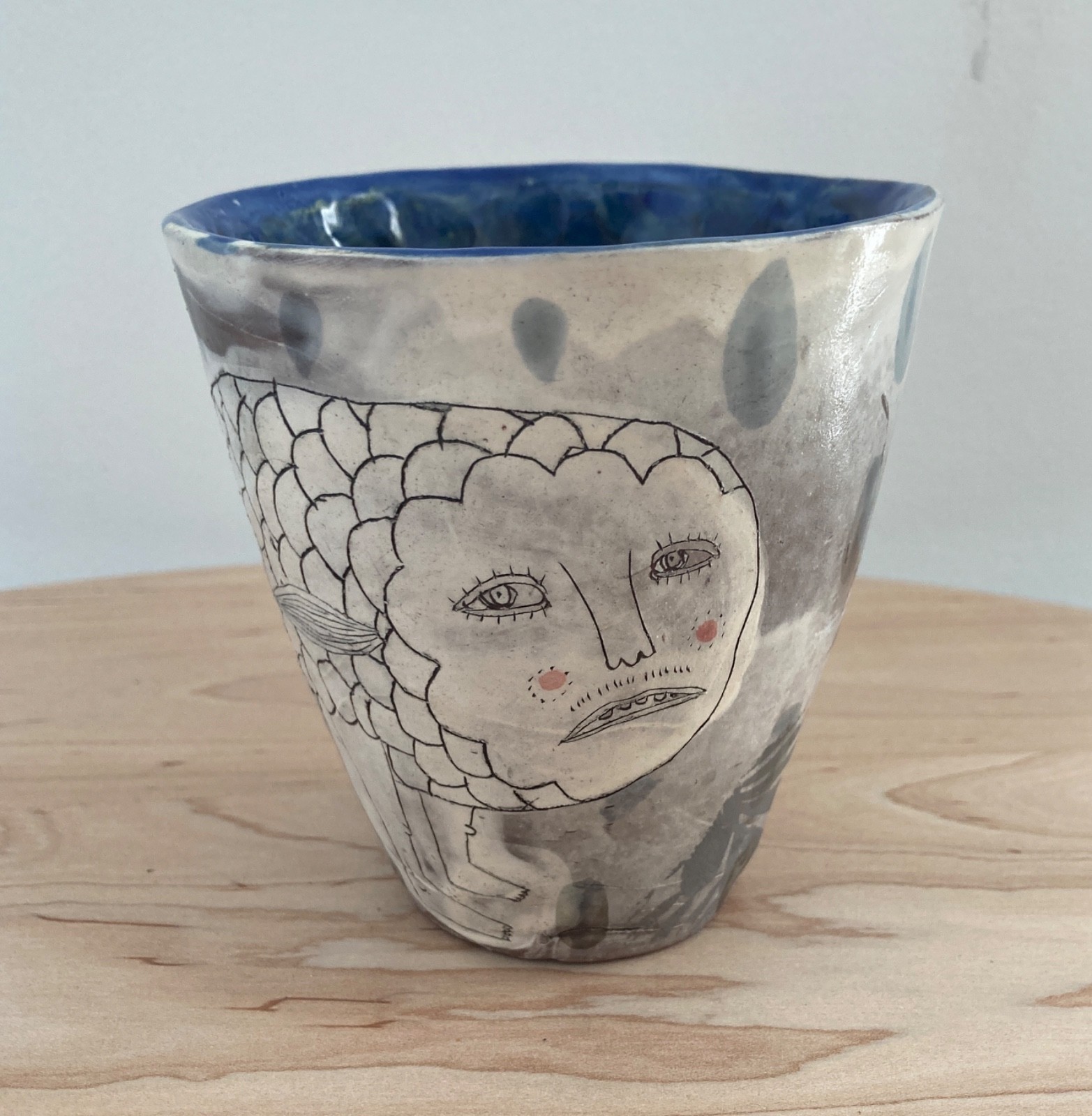 Mug Lynne Hobaica Stoneware Pottery CUP Fish Creature and patterns