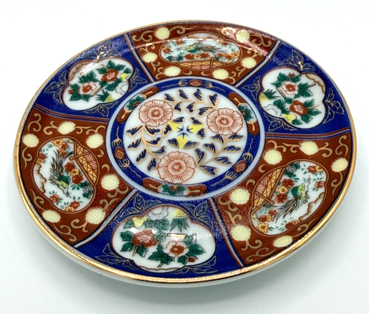 Porart Portugal VTG Porcelain Pin Dish Imari Style Rust Blue Gold Bird 3.75”