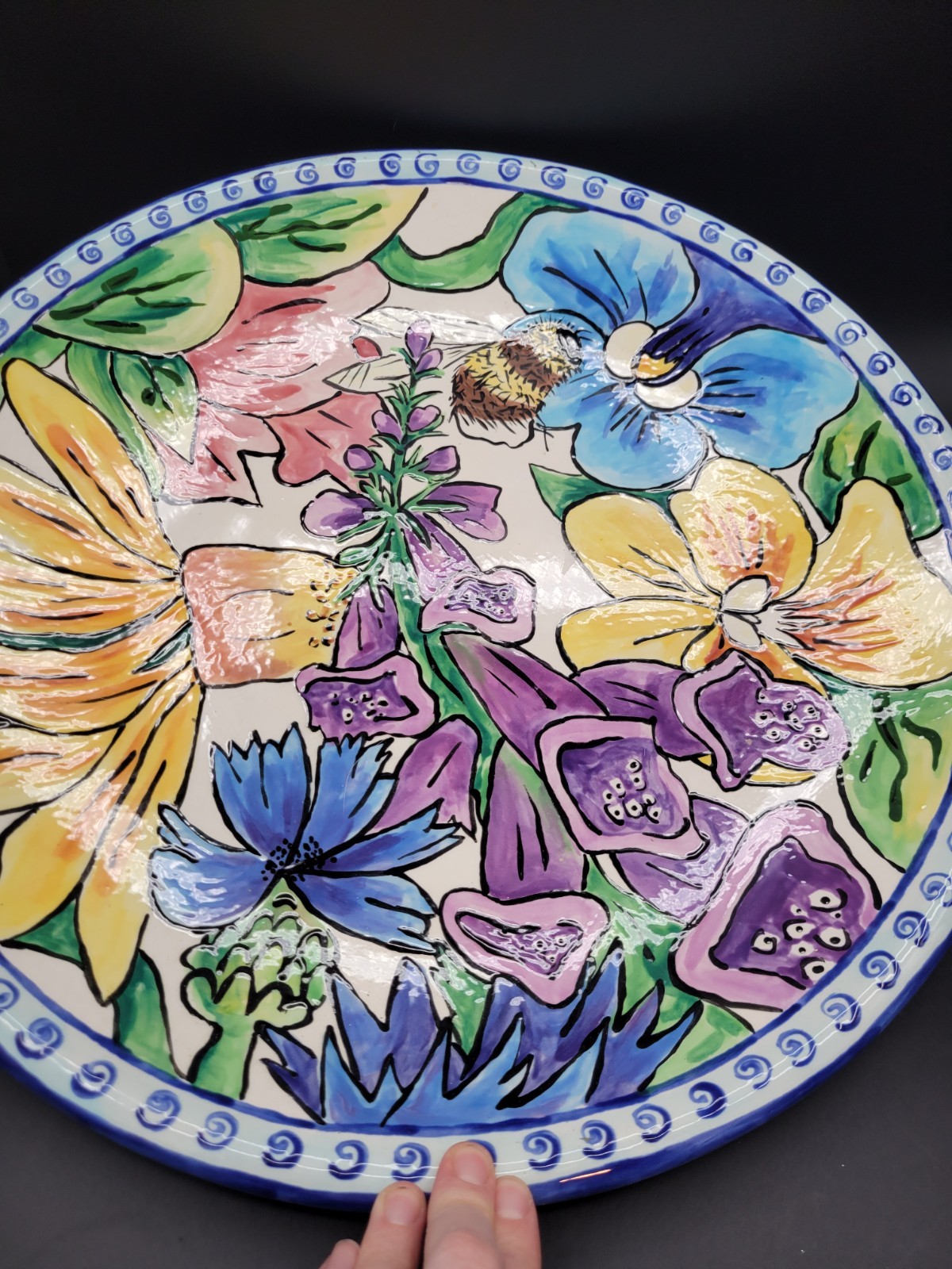 17″ Signed S. MORRELL Studio Art Pottery Platter FLOWERS BEES Centerpiece