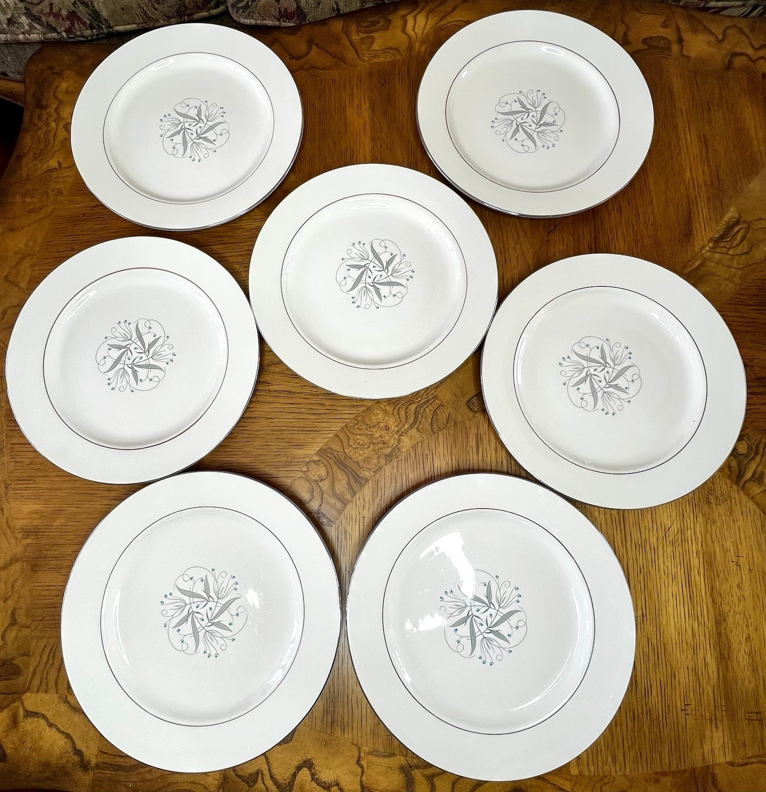 7 Homer Laughlin Mid Century Grey Blue Platinum White CELESTE Dinner Plates EUC