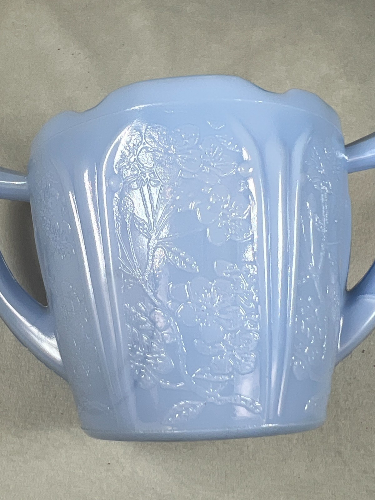 Jeannette Depression Glass Blue Delphite Cherry Blossom Double Handle Sugar Bowl