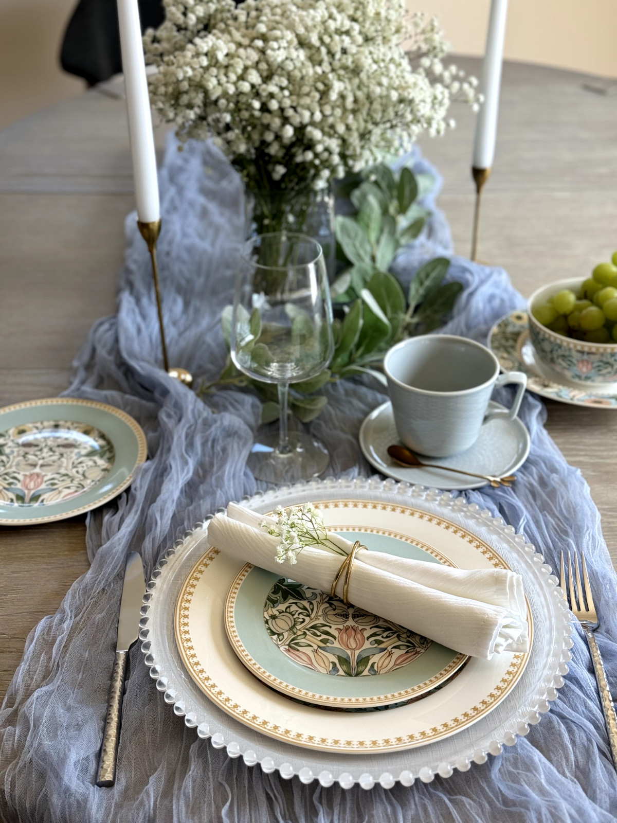 24pc Bone China Dinner Service Set Porcelain Dinnerware MORRIS GARDEN Turquoise