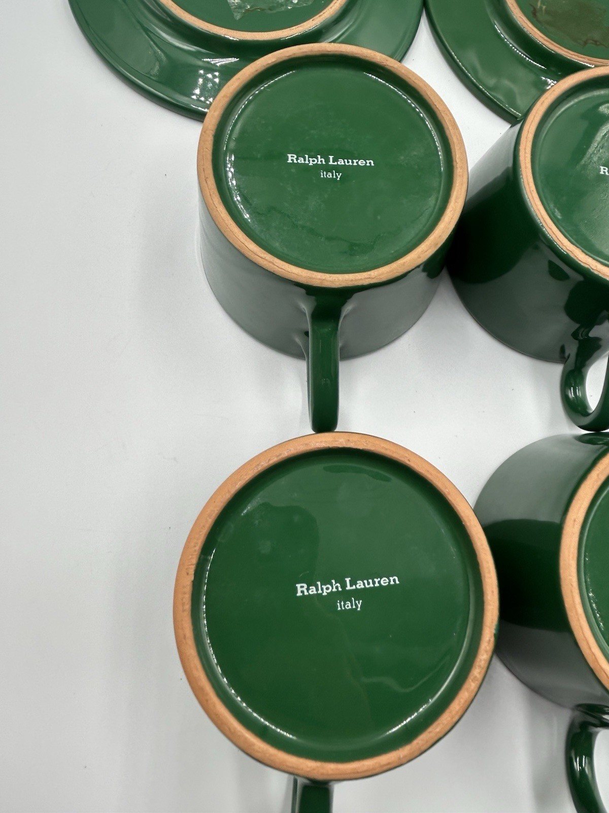 Vintage Ralph Lauren Italy Hunter Green Pottery Tea Cups & Saucers Set 4 Italy