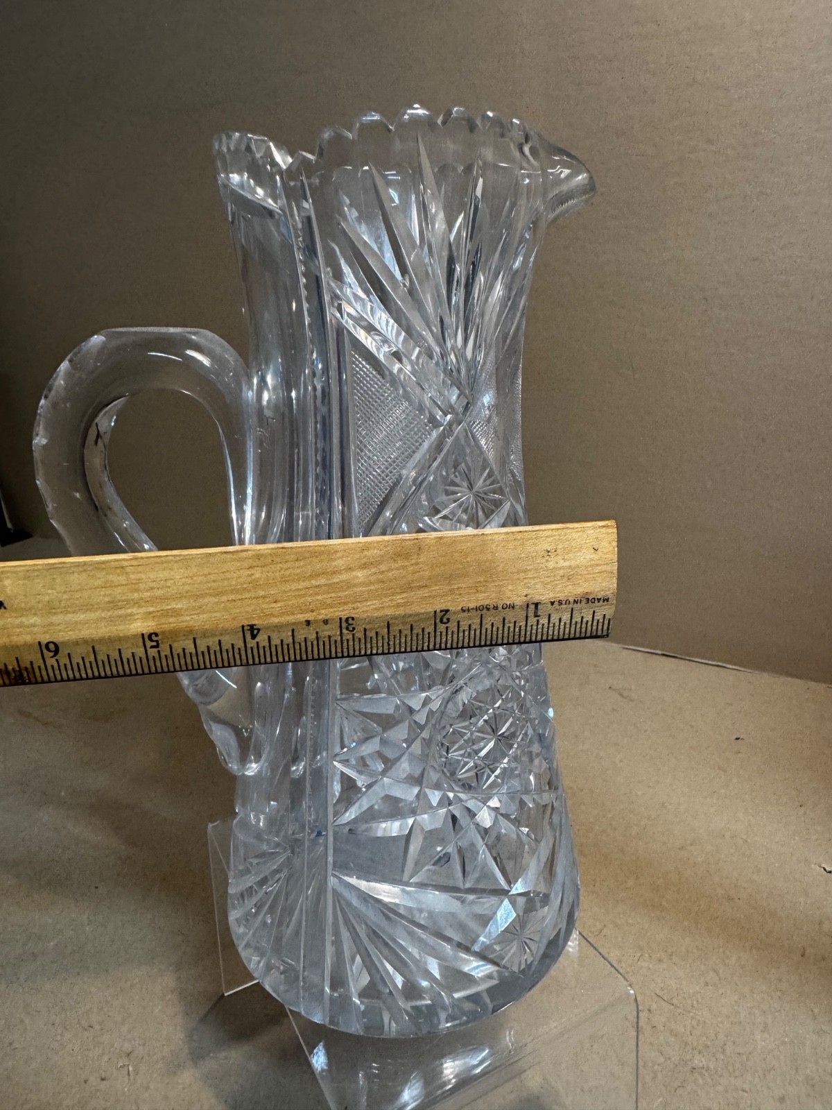 Vintage rare American Brilliant Cut Crystal Sawtooth Edge Pitcher Shabby Vase