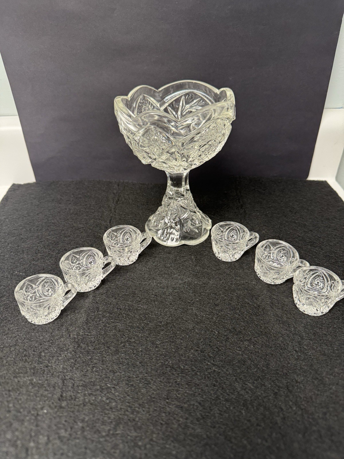 Vintage 1920’s/30’s Depression Clear Glass Child’s Punch Bowl & 6 Cups Set