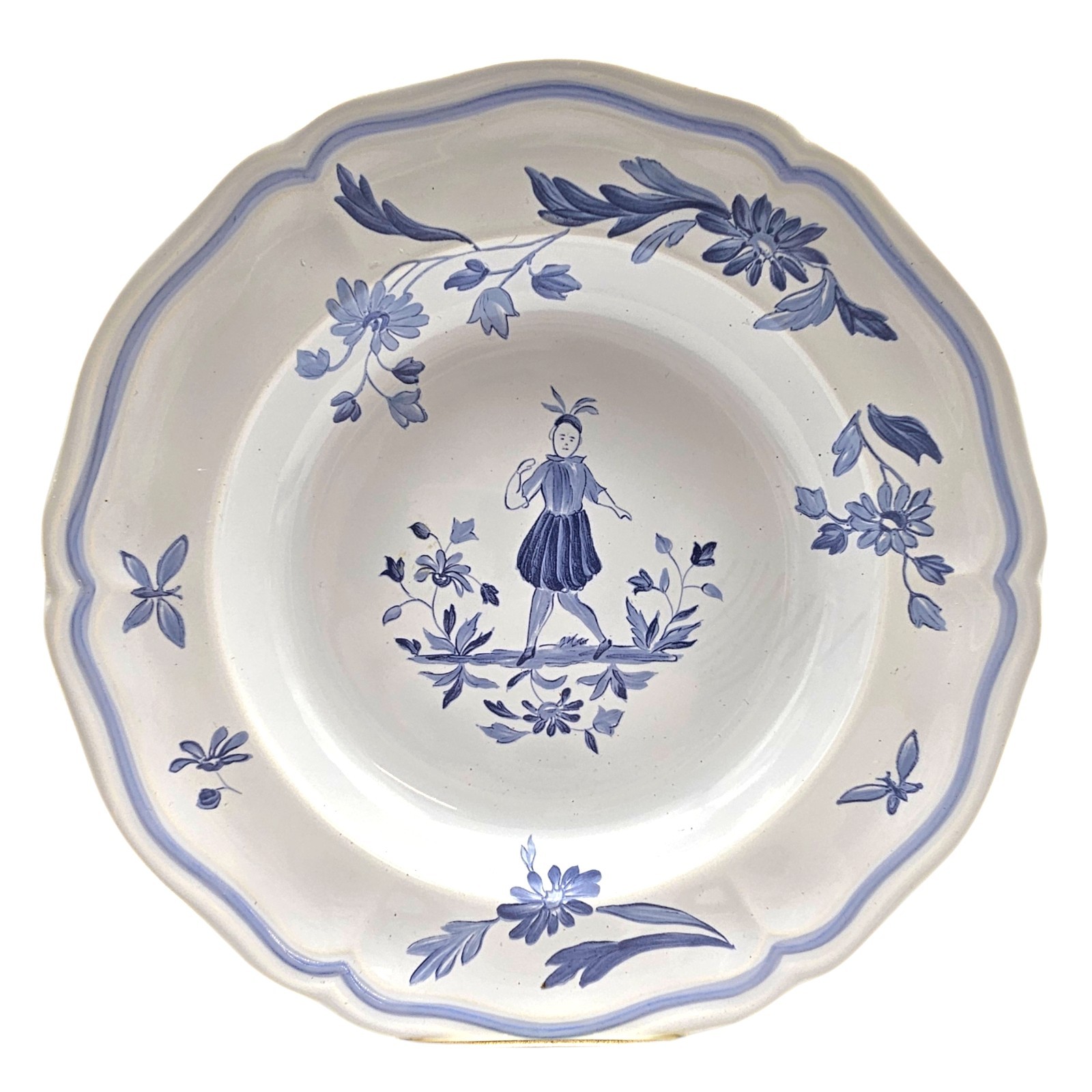 VTG Longchamp France Moustiers Blue Rim Soup Round Bowl Porcelain Floral 9″