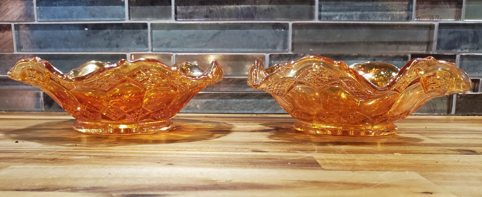 2 Imperial Marigold Carnival Glass Bowl Dish Frilled Edge Diamond Hexagon Shapes
