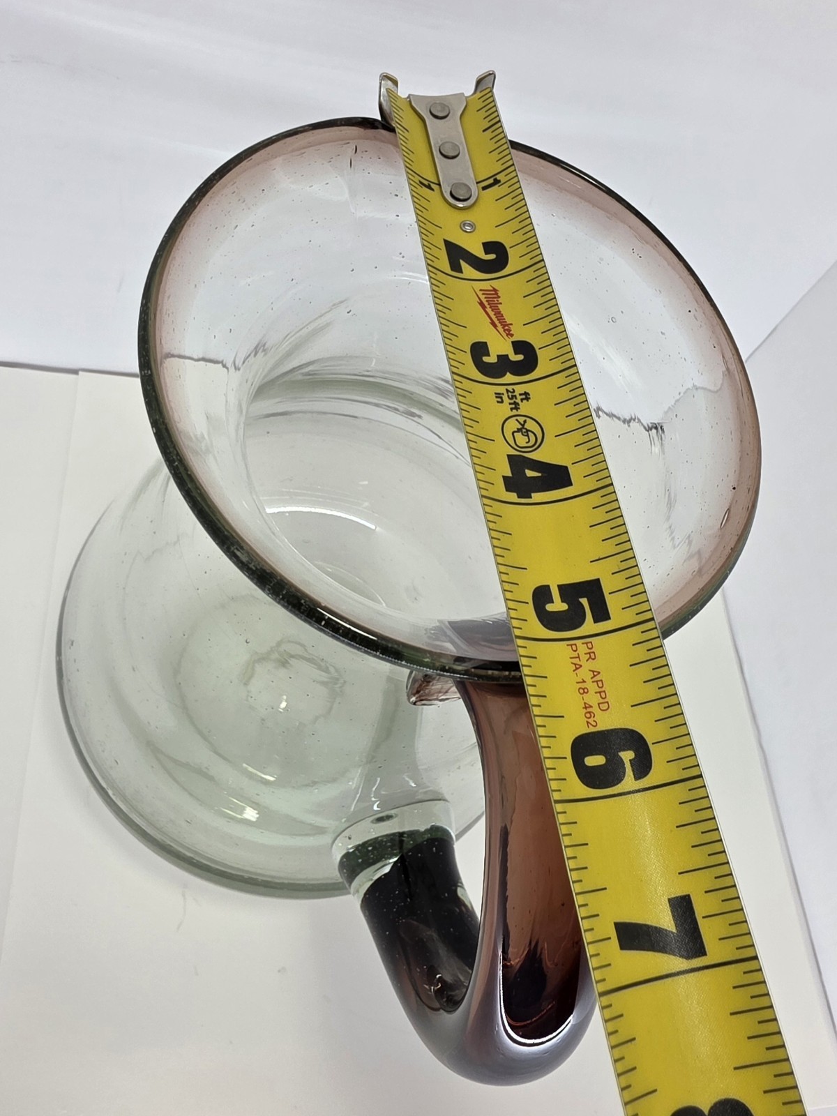 Mexican Hand Blown Glass Pitcher Light Brown Rim and Handle 9″ Beautiful